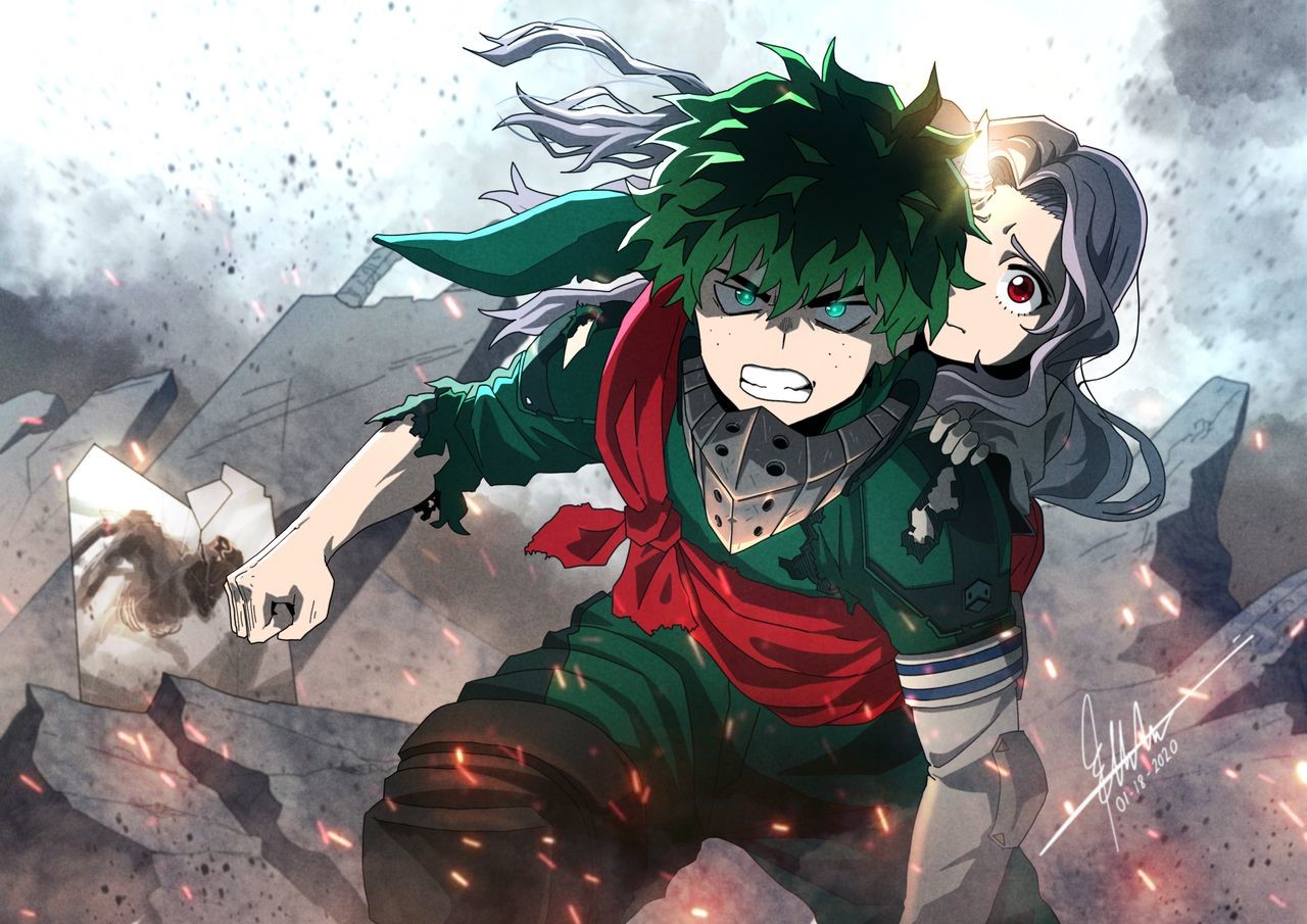 Izuku Midoriya carrying Eri from My Hero Academia HD Wallpaper