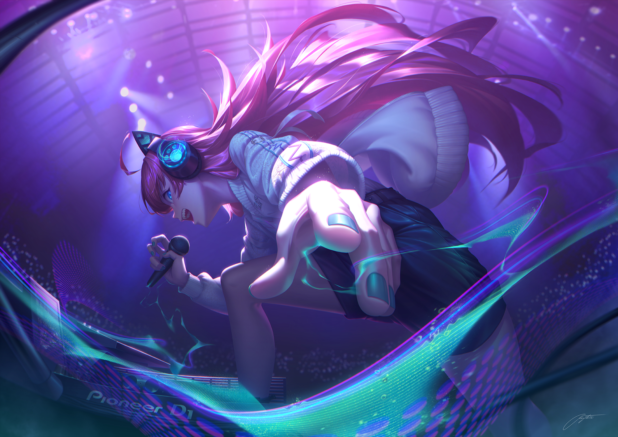 Girl with pink hair and headphones DJing HD Wallpaper