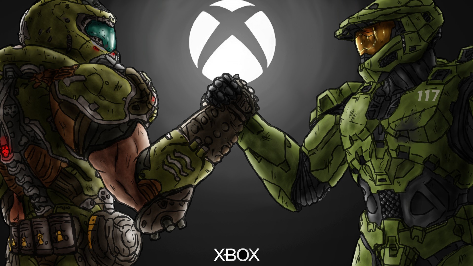Master Chief and Doom Slayer shaking hands with Xbox logo HD Wallpaper