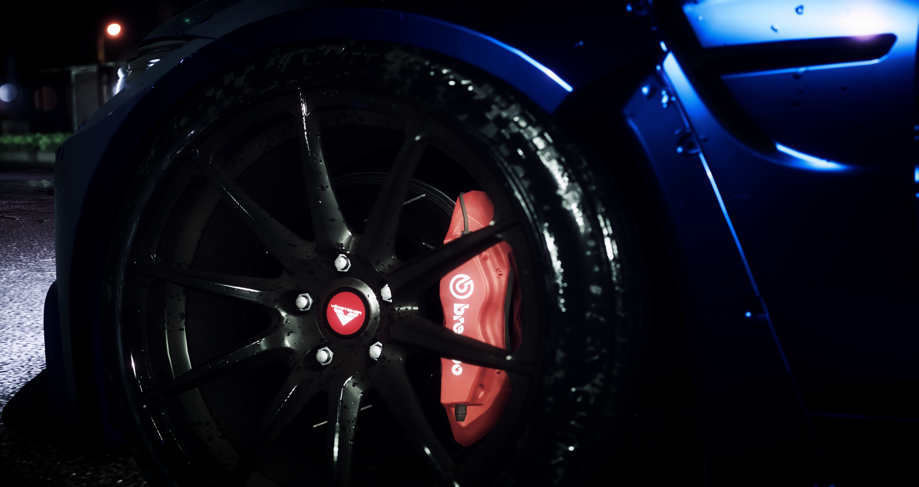Blue car with Brembo brakes and black wheels HD Wallpaper