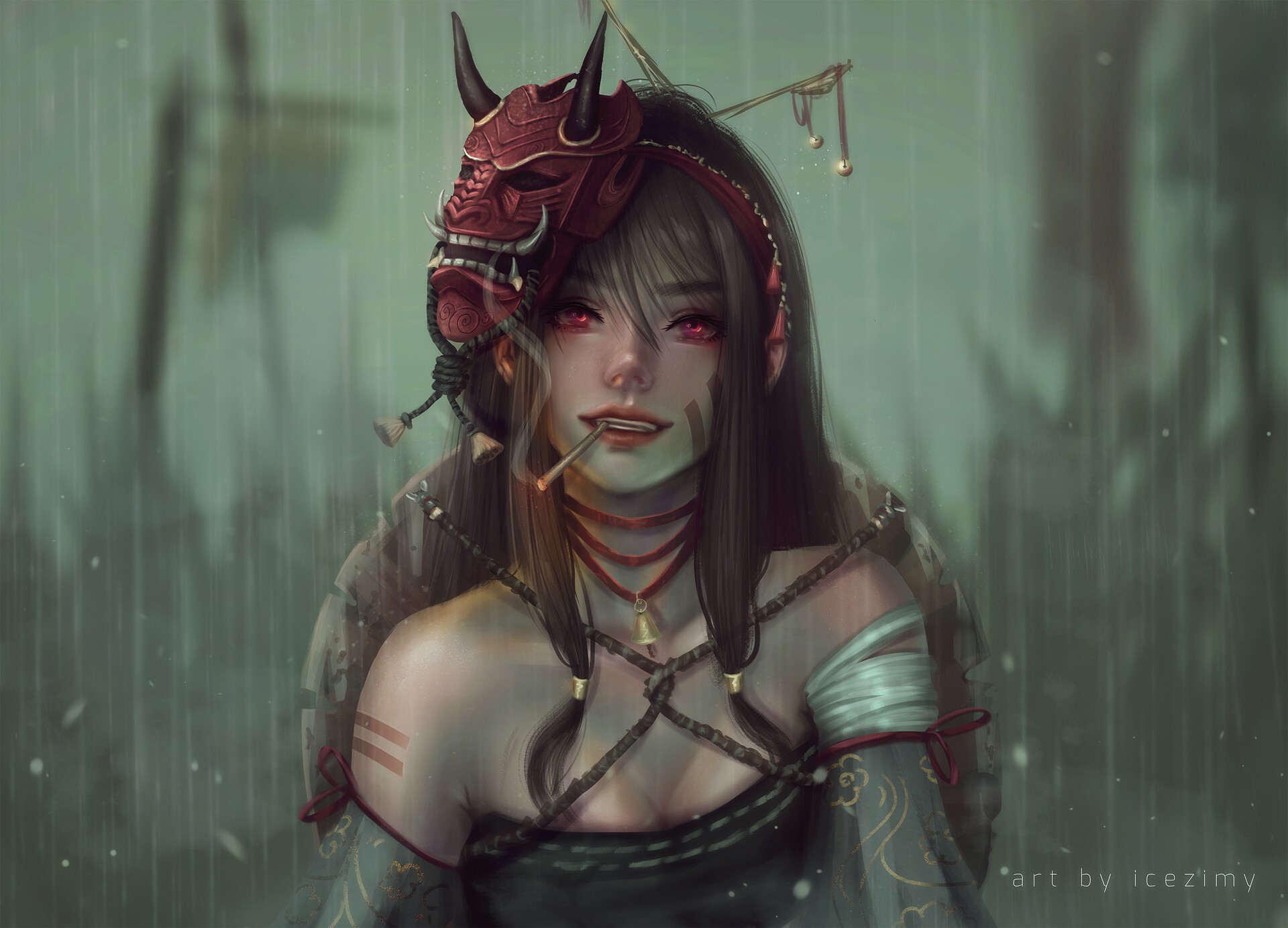 Woman with Oni mask smoking in the rain HD Wallpaper