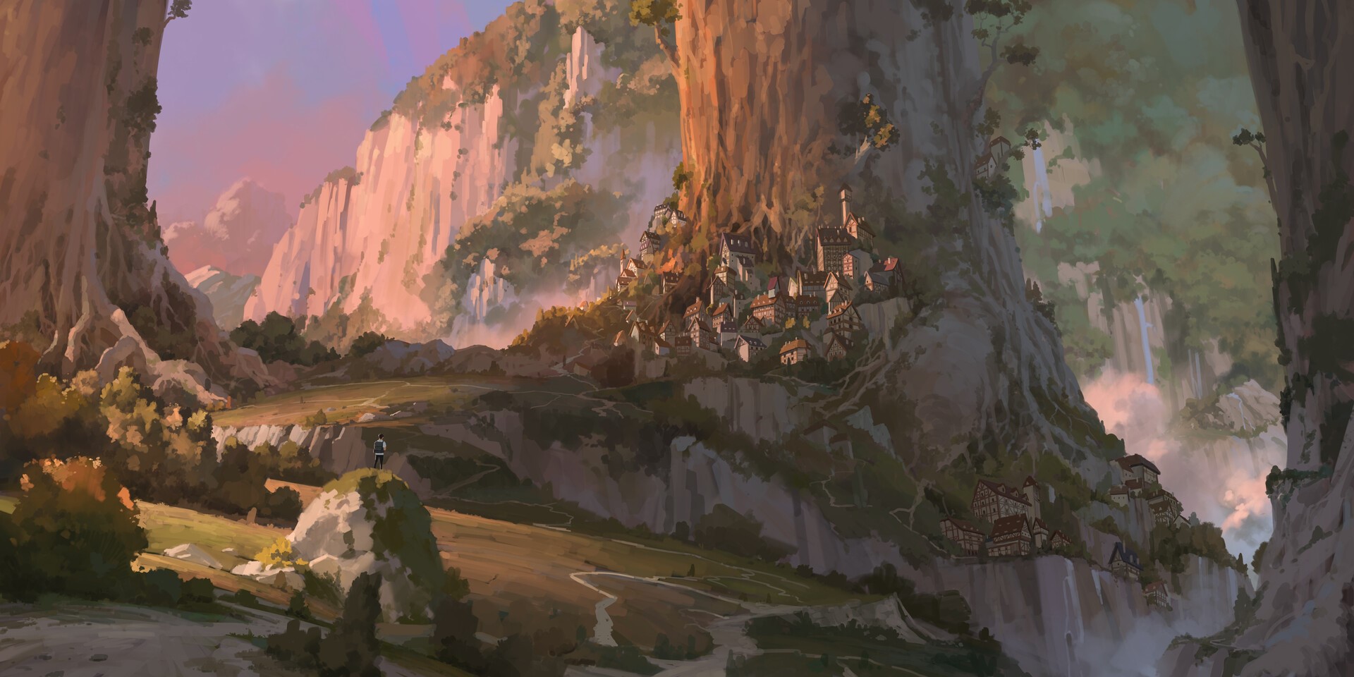 Fantasy village built into a giant tree and cliffs HD Wallpaper