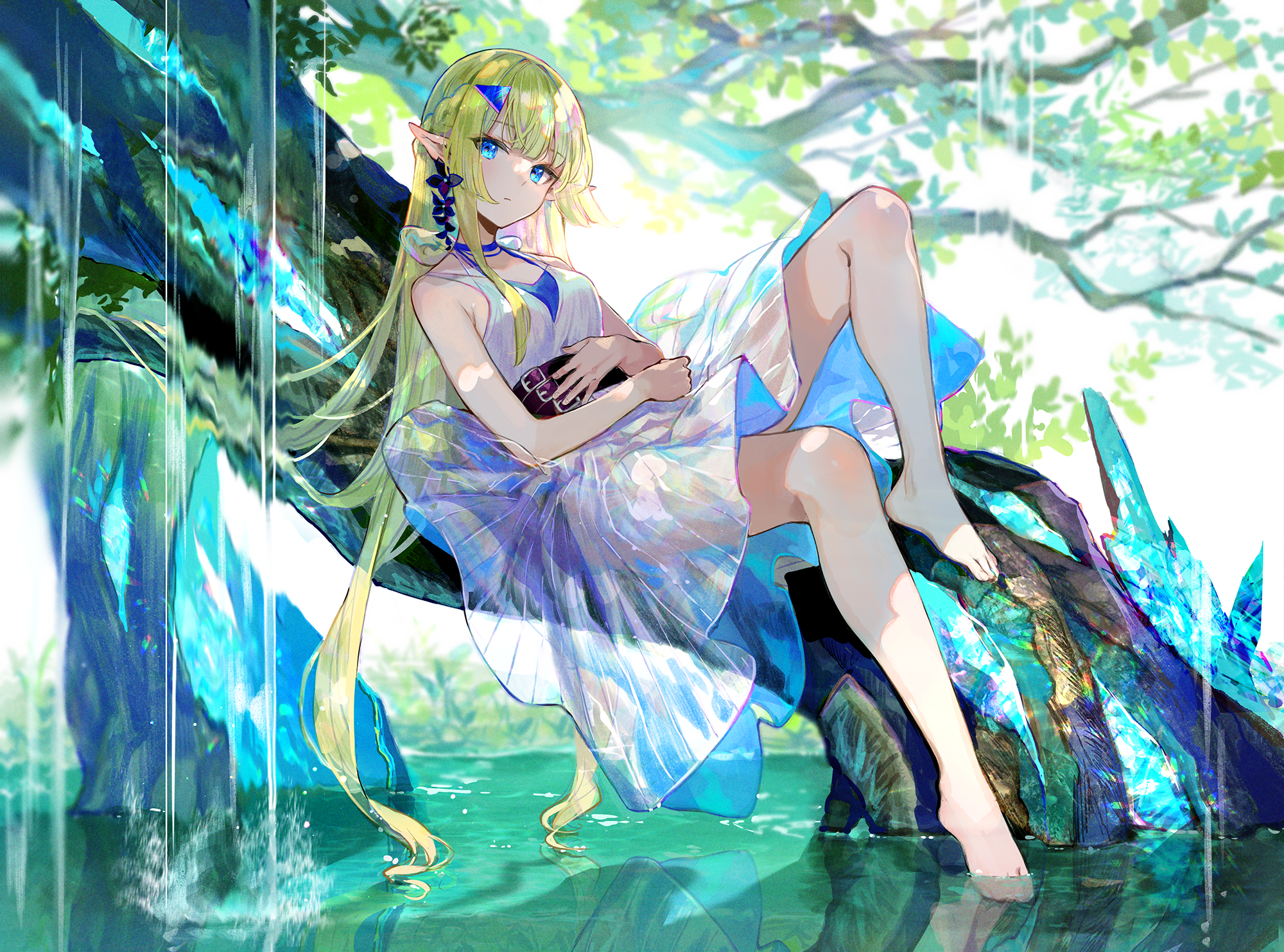 Elf girl in a dress sitting on a tree branch HD Wallpaper