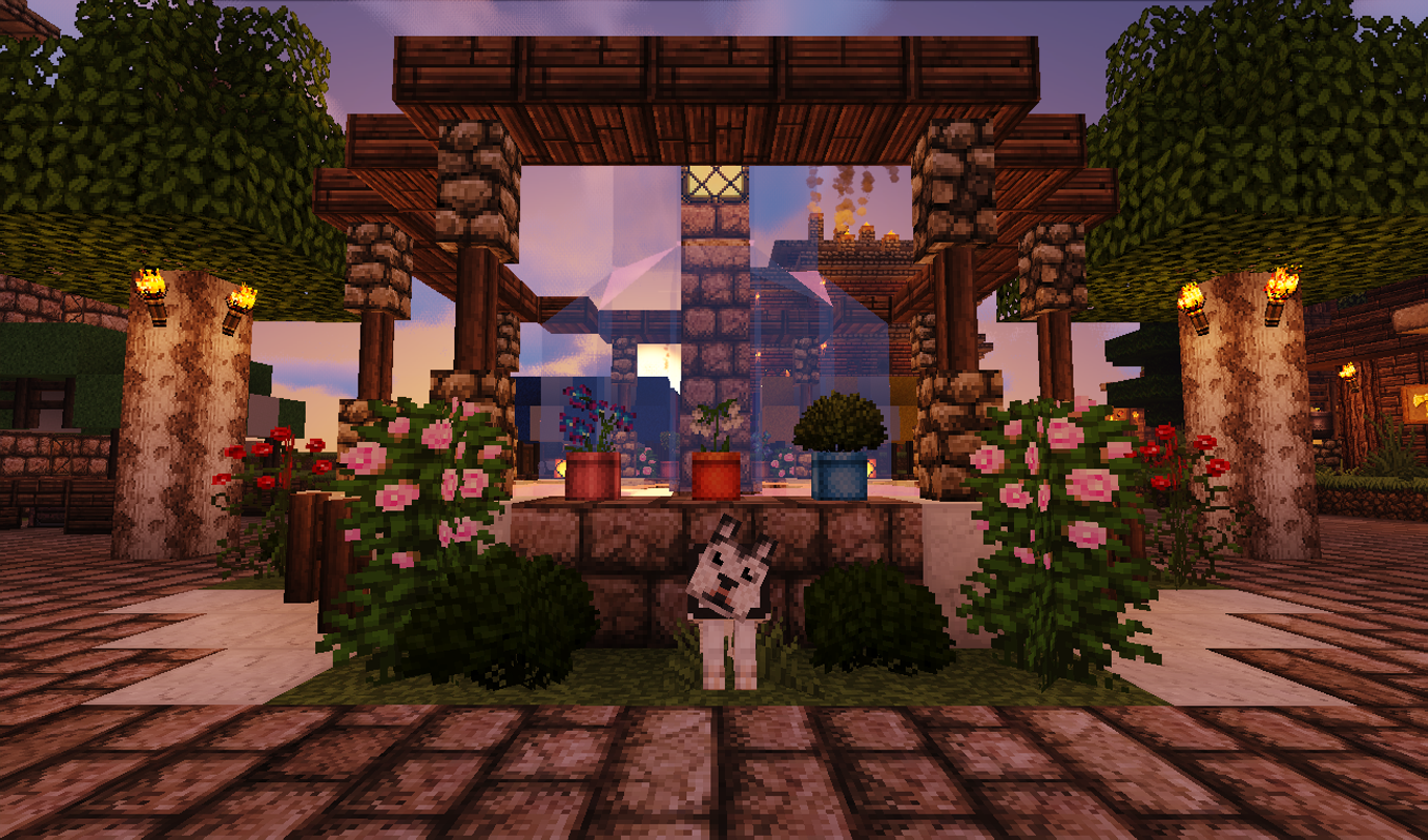 Minecraft village with flowers and a dog statue HD Wallpaper