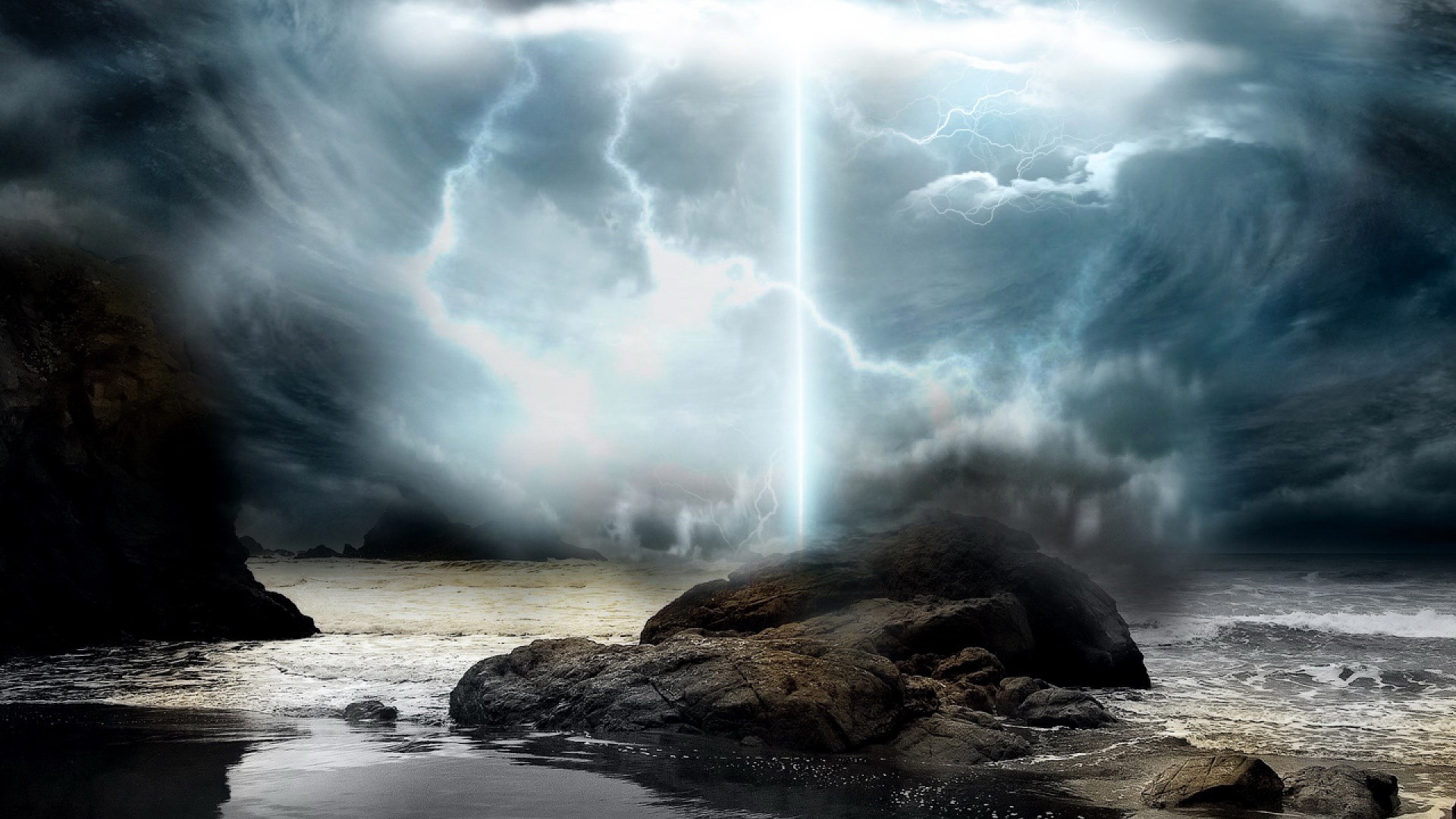 Lightning strikes a rocky shore during a storm HD Wallpaper