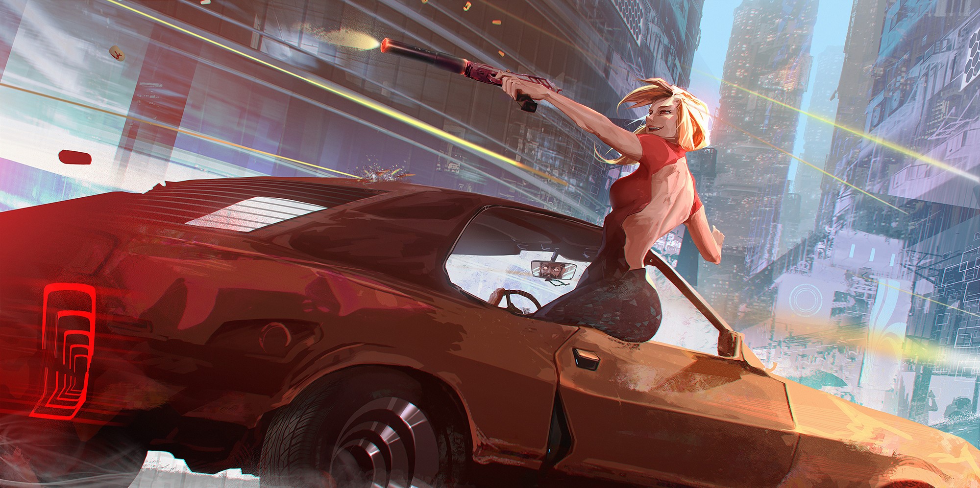 Woman firing a gun from a car HD Wallpaper