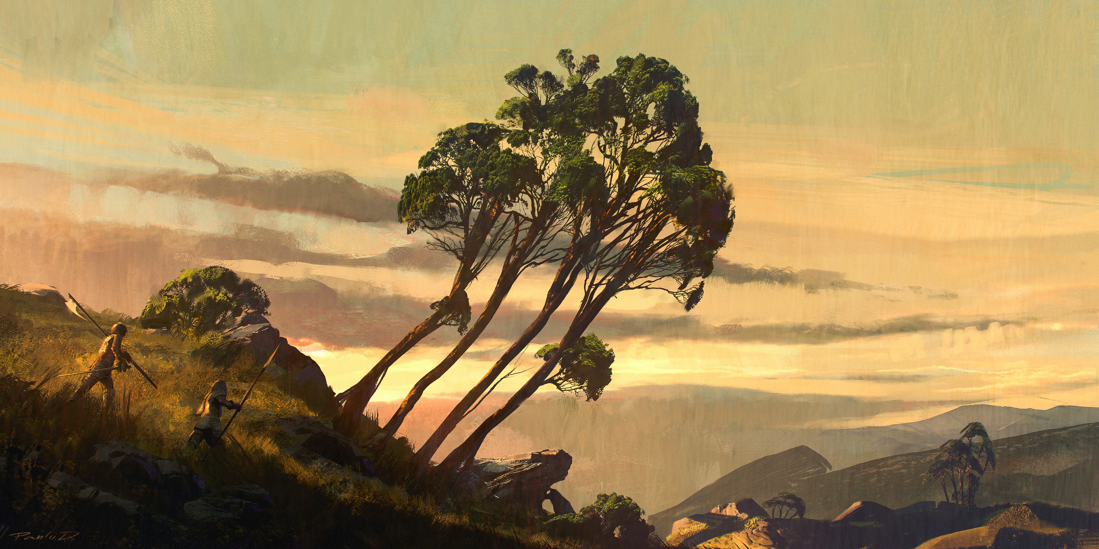 Digital art of trees and figures on a hill HD Wallpaper