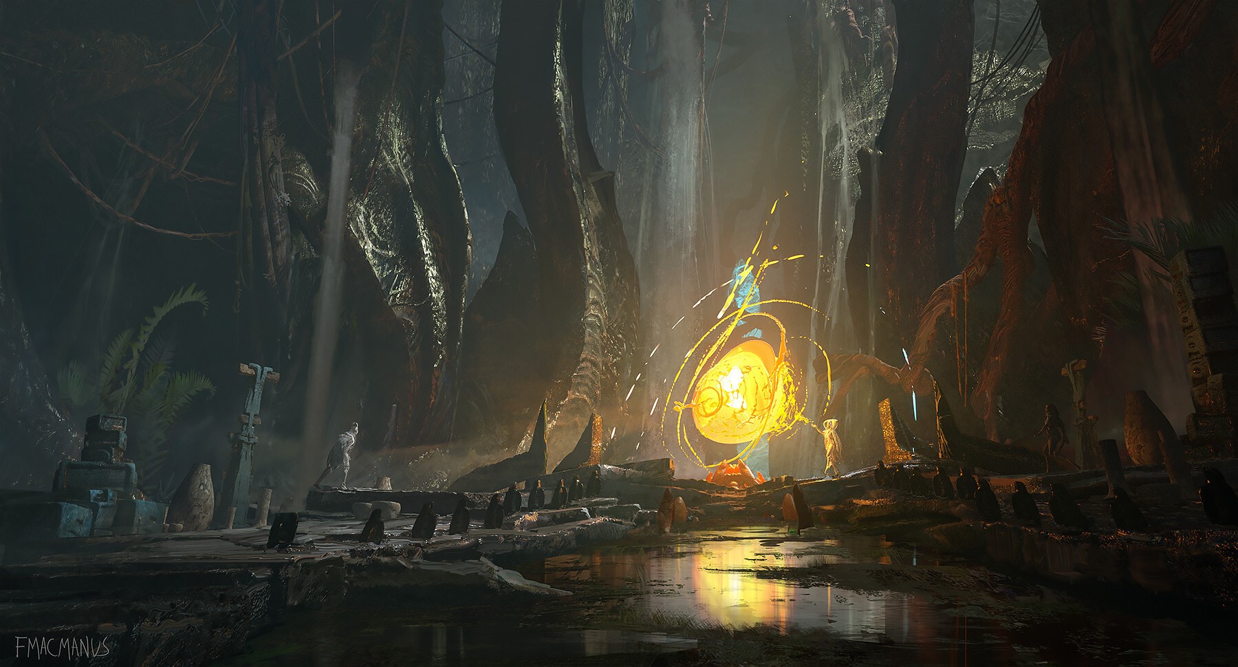 Fantasy cave with glowing artifact and figure HD Wallpaper