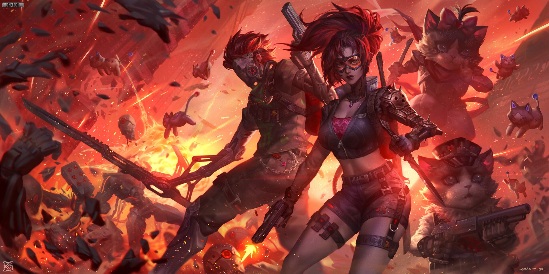 Two fighters and cat-like creatures in a fiery battle HD Wallpaper