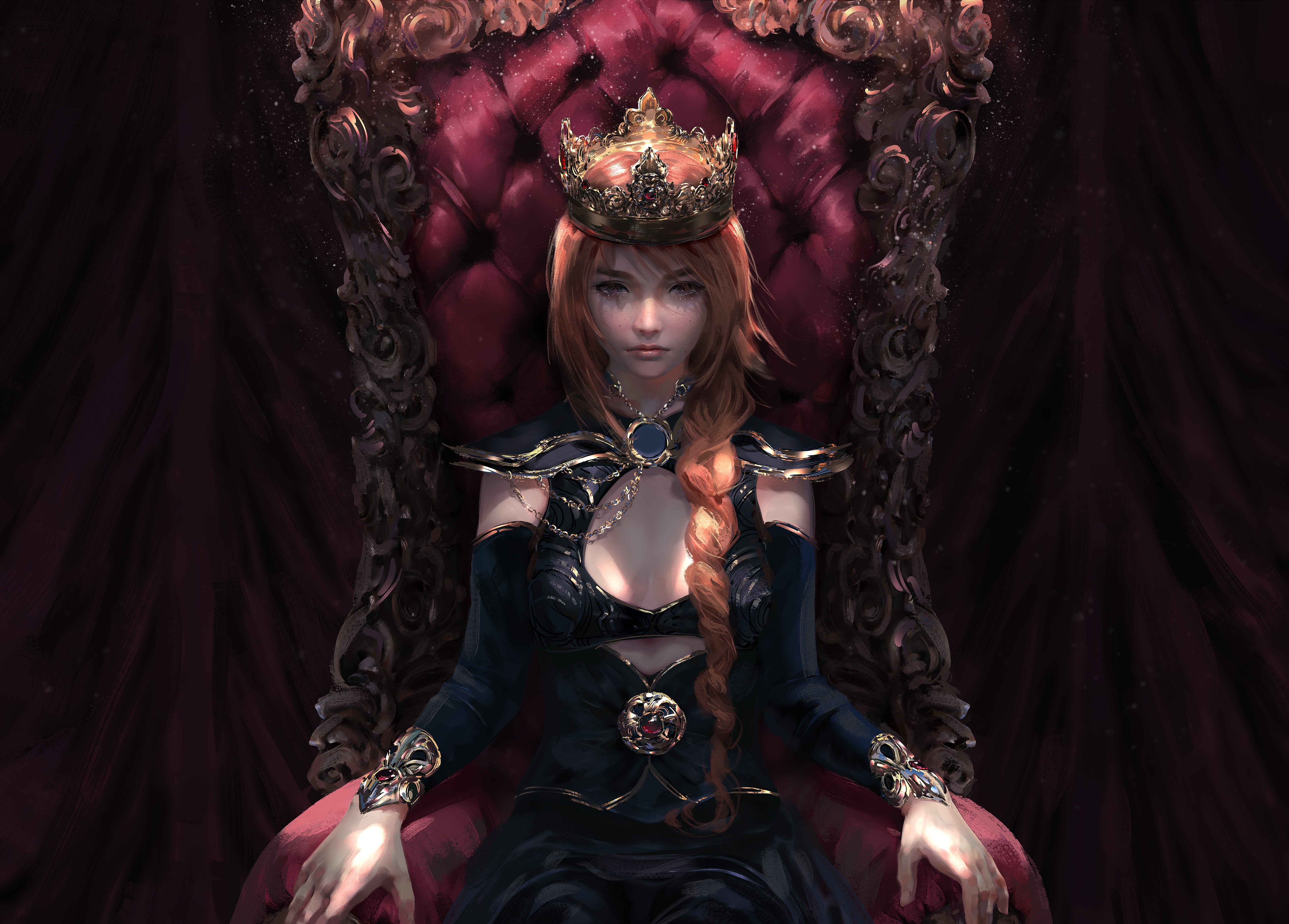 Fantasy girl with crown on throne HD Wallpaper
