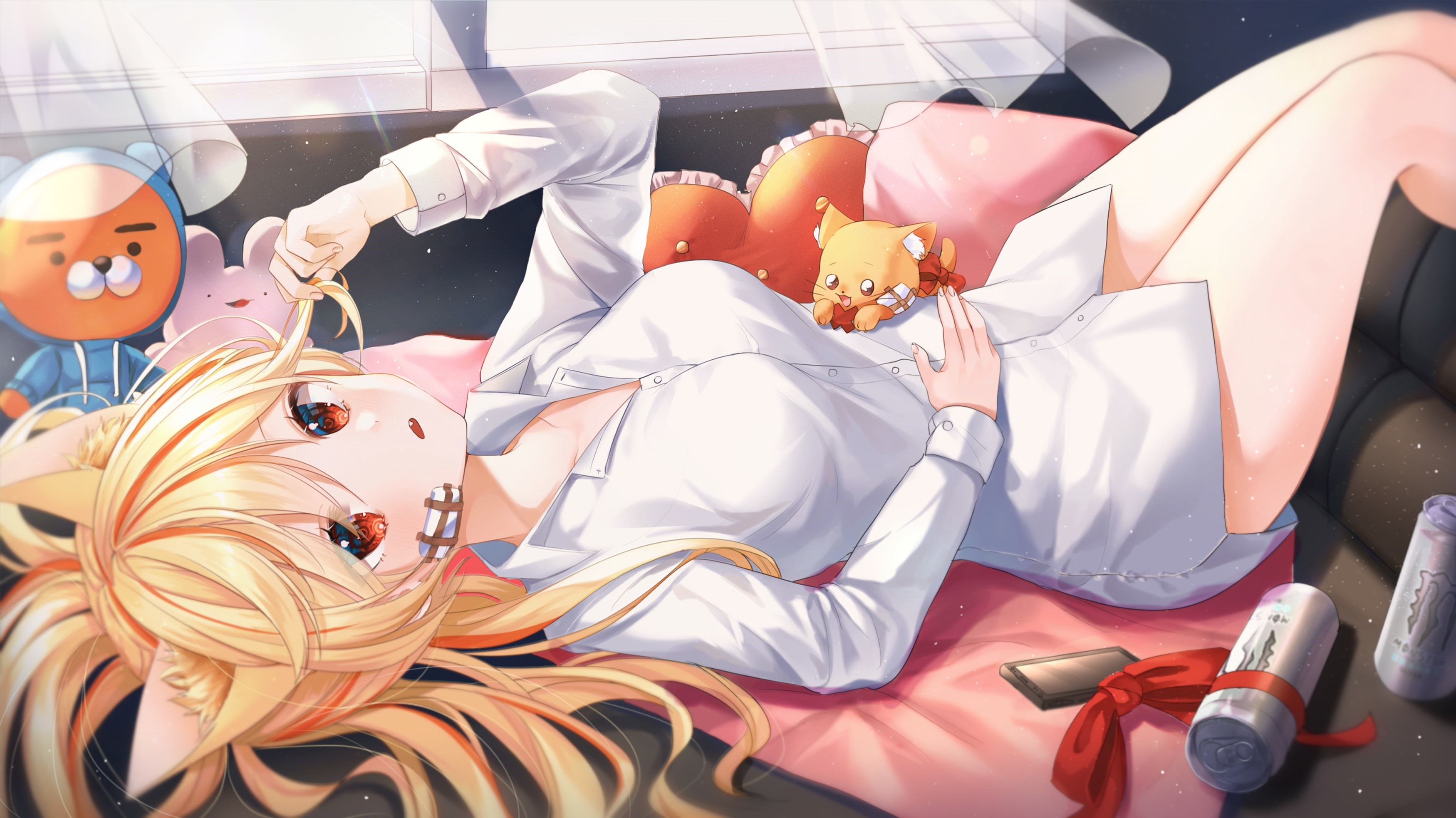 Anime girl with blonde hair and animal ears twirling hair HD Wallpaper