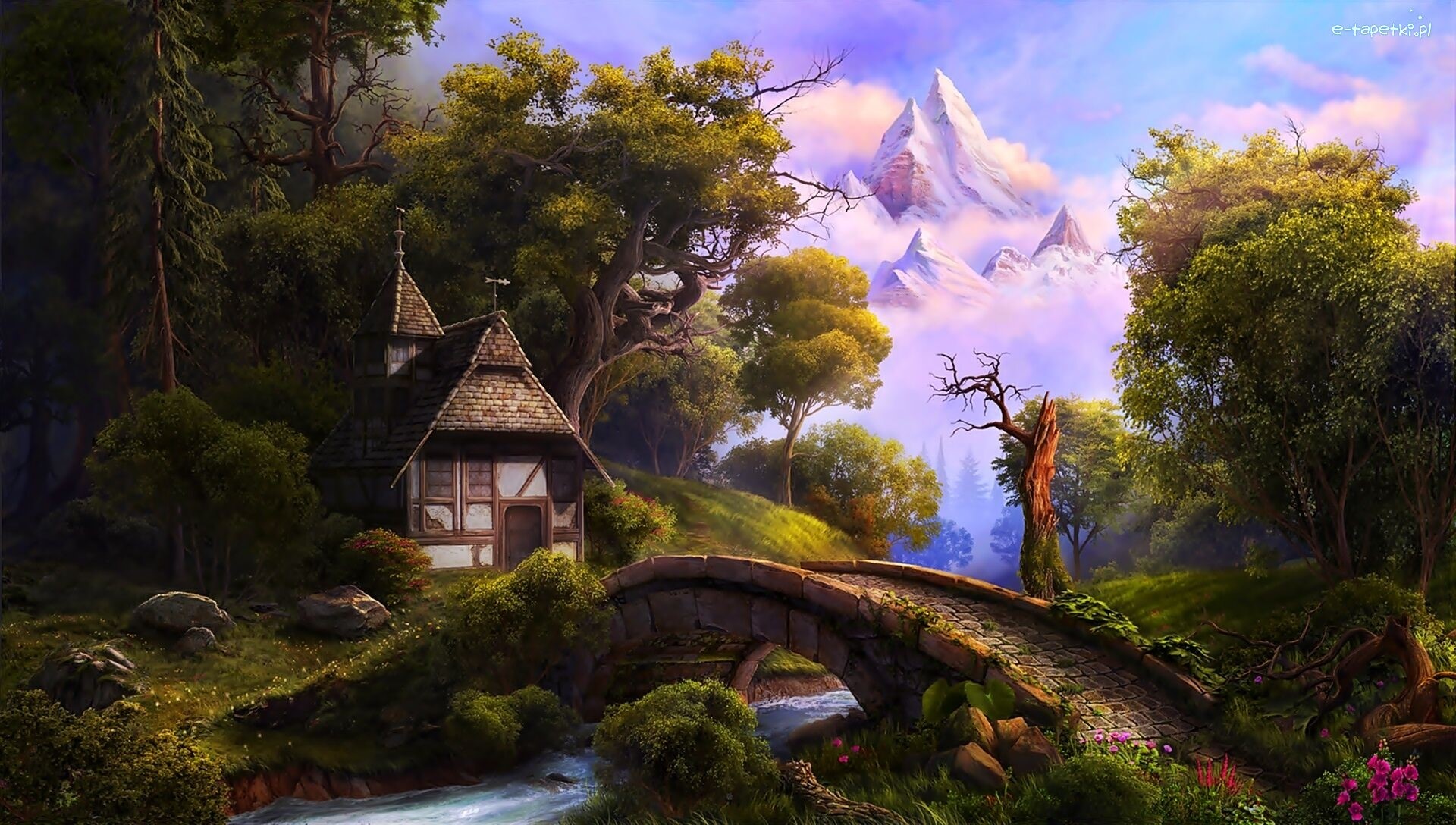 Fantasy art of a cottage and bridge with mountains HD Wallpaper