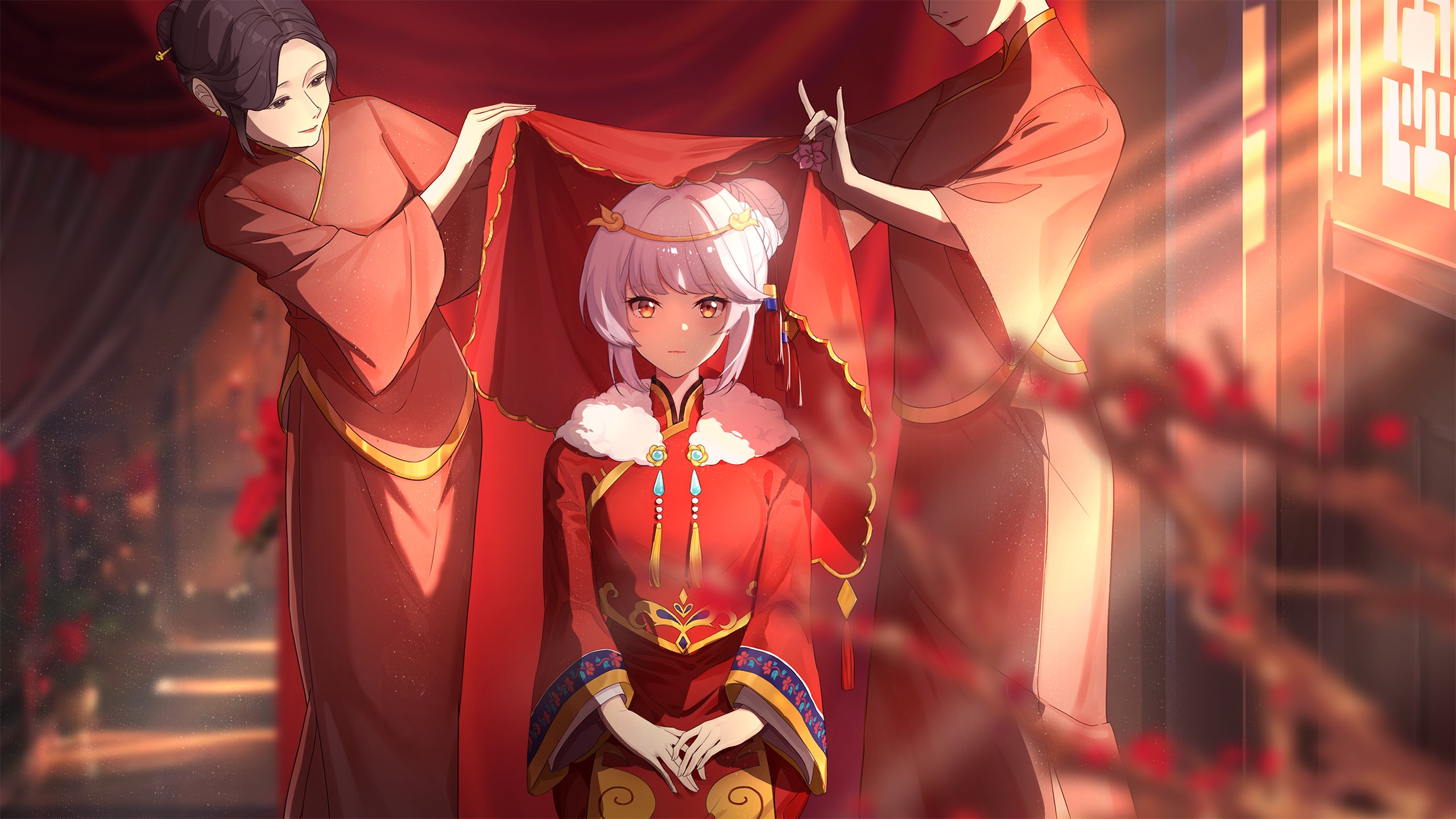 Anime girls in traditional red dresses under a veil HD Wallpaper