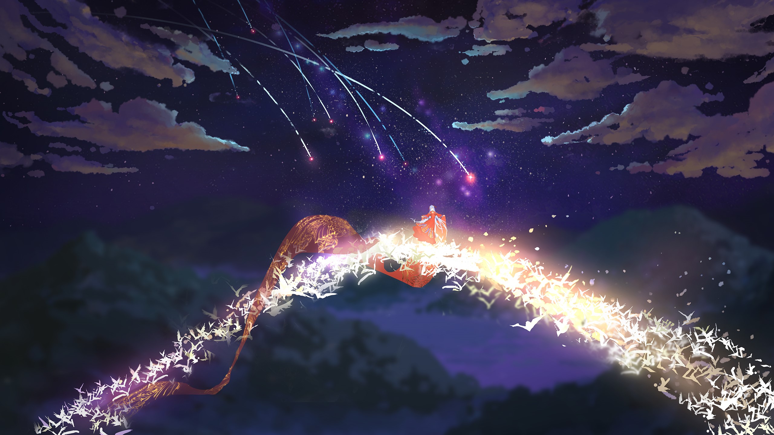 Anime girl on a flying creature with birds at night HD Wallpaper