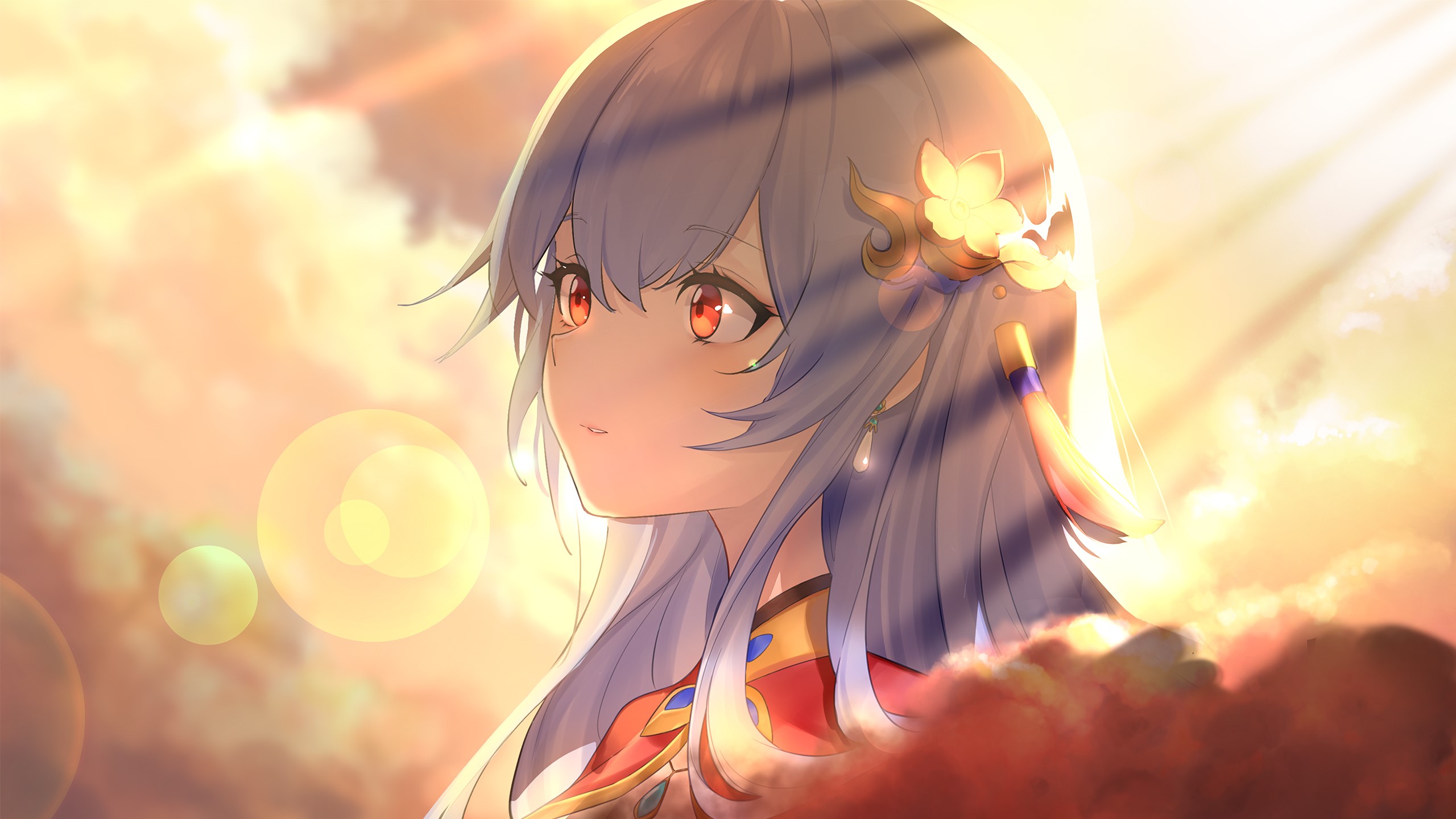 Anime girl with blue hair and red eyes in sunlight HD Wallpaper