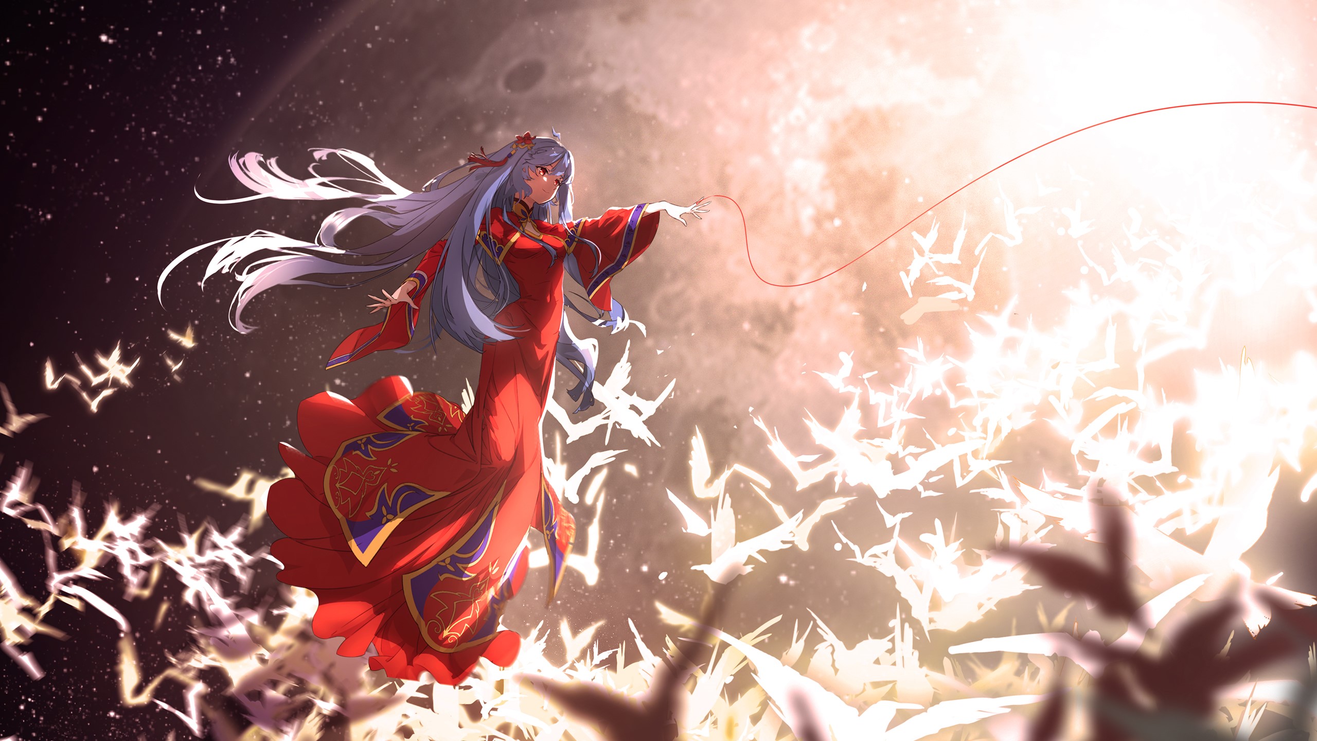 Anime girl in red dress with birds HD Wallpaper
