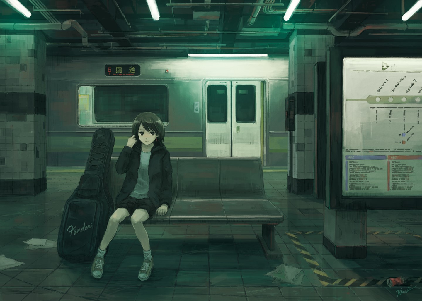 Anime girl with guitar case on subway platform HD Wallpaper