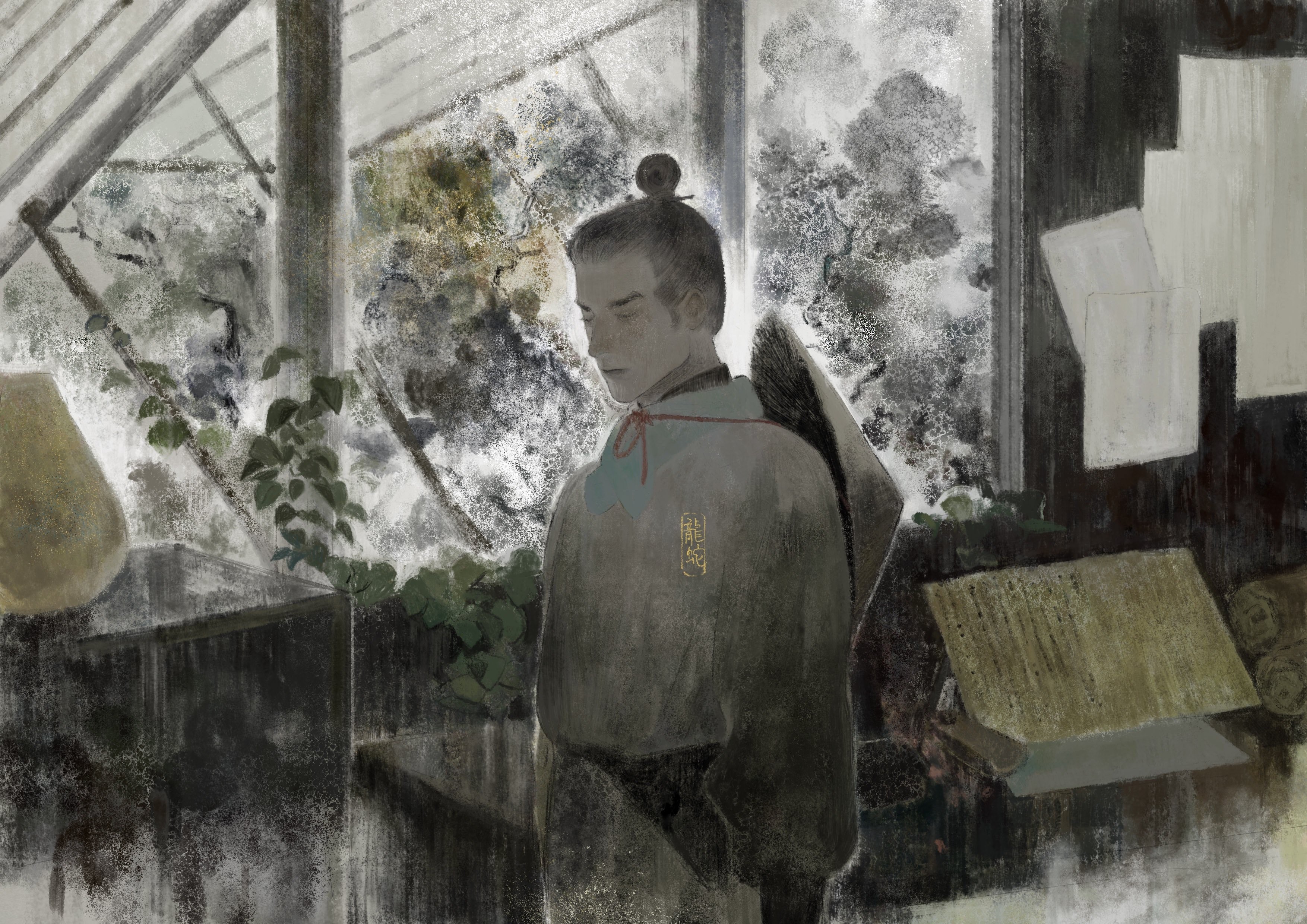 Man in traditional Japanese attire in a greenhouse HD Wallpaper