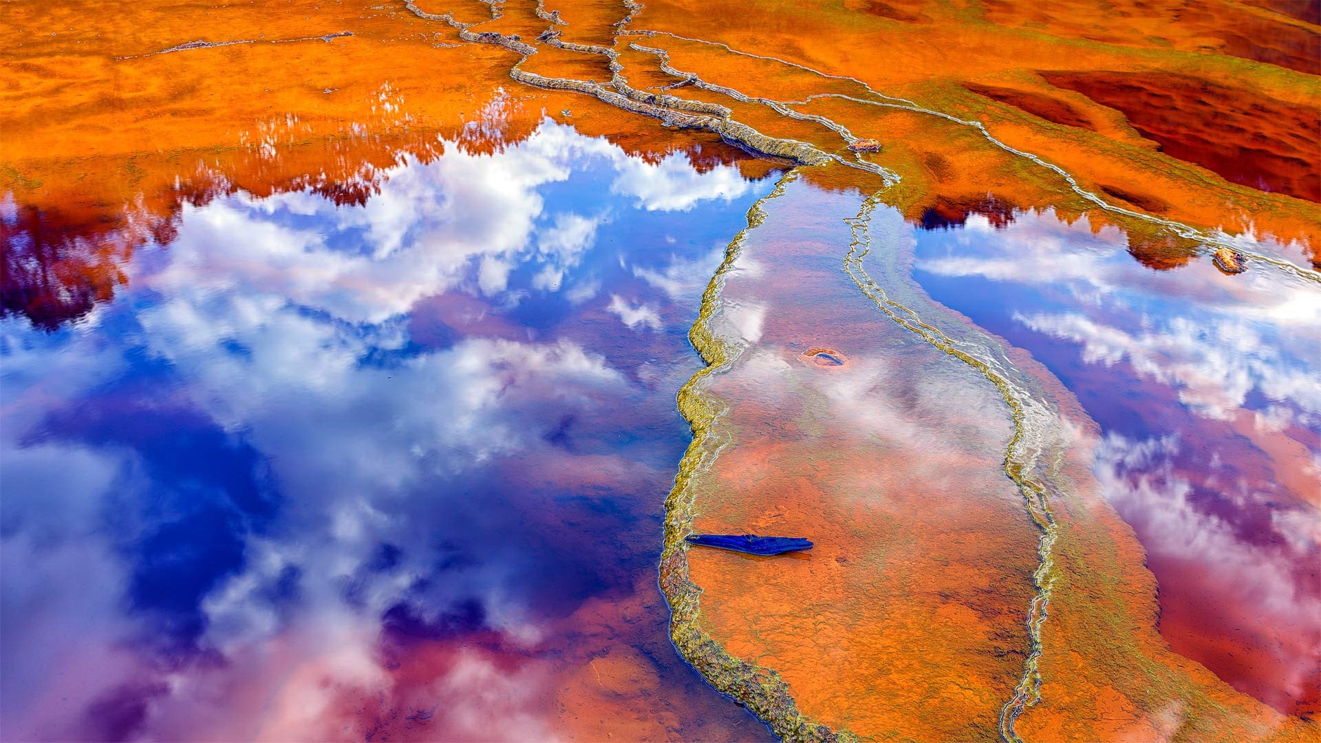 Orange and blue water with cloud reflections HD Wallpaper