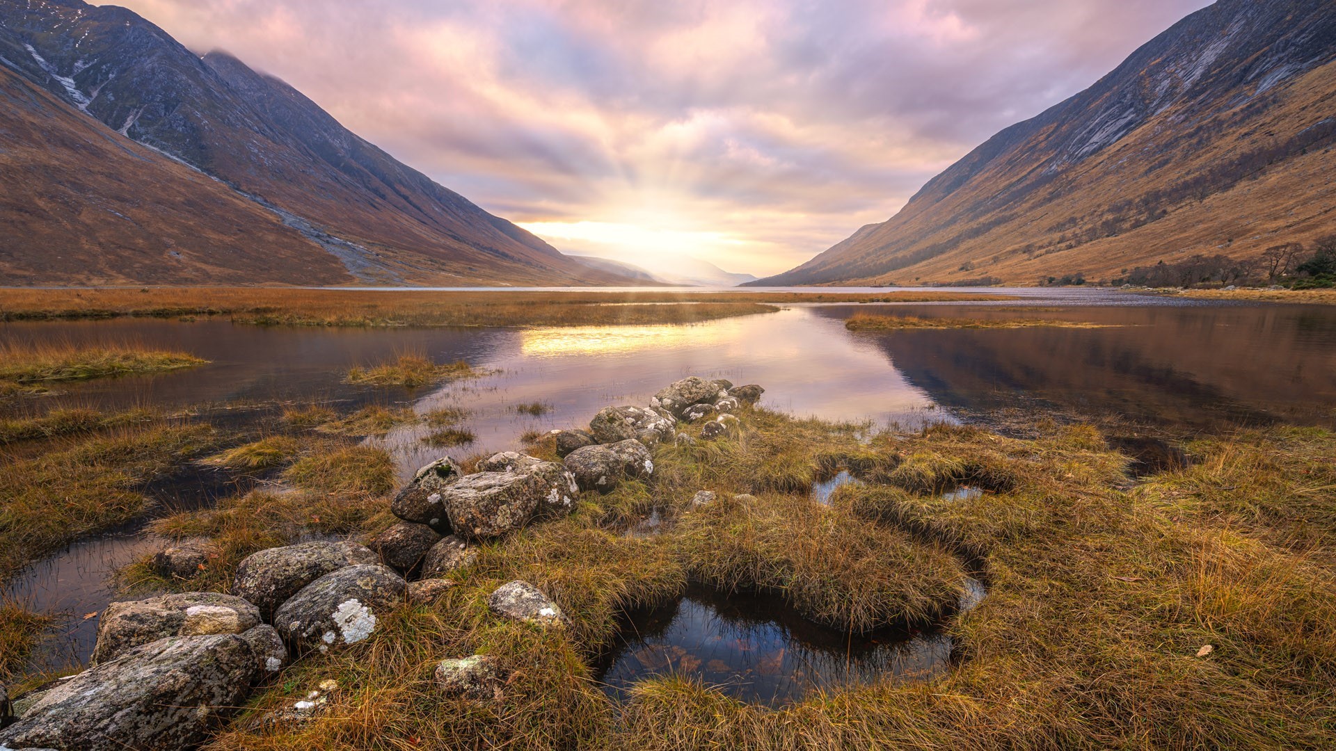 Valley lake with mountains and sunset sky HD Wallpaper