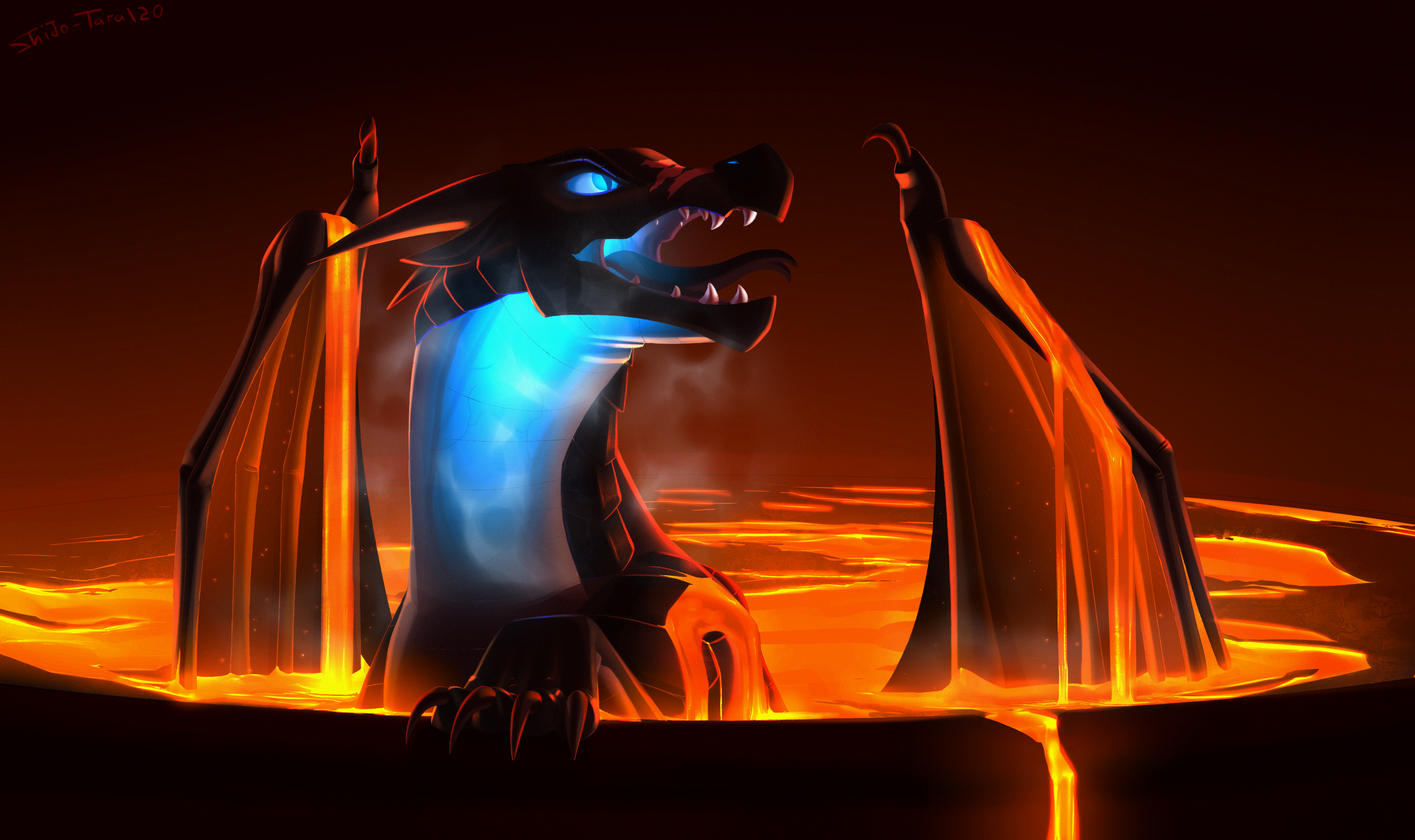 Dragon emerging from lava HD Wallpaper