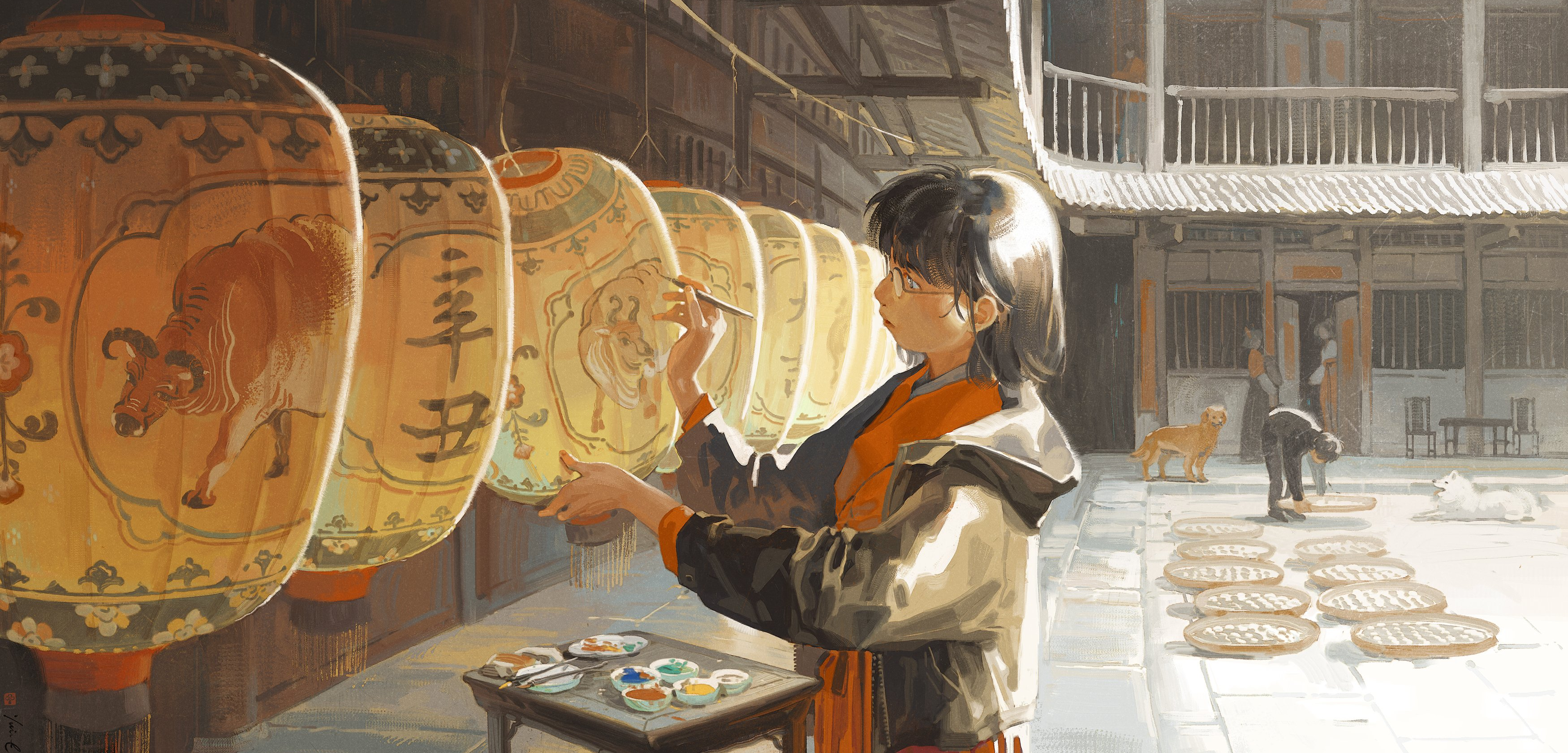 Girl painting lanterns in a courtyard HD Wallpaper