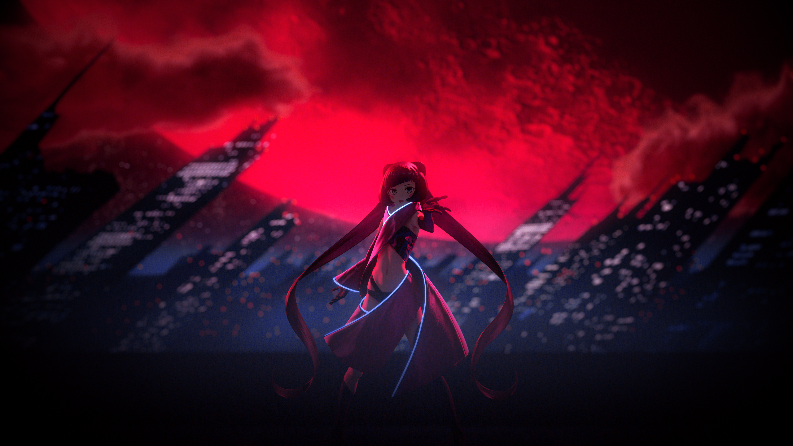 Anime girl with long hair in red dress in front of city lights HD Wallpaper