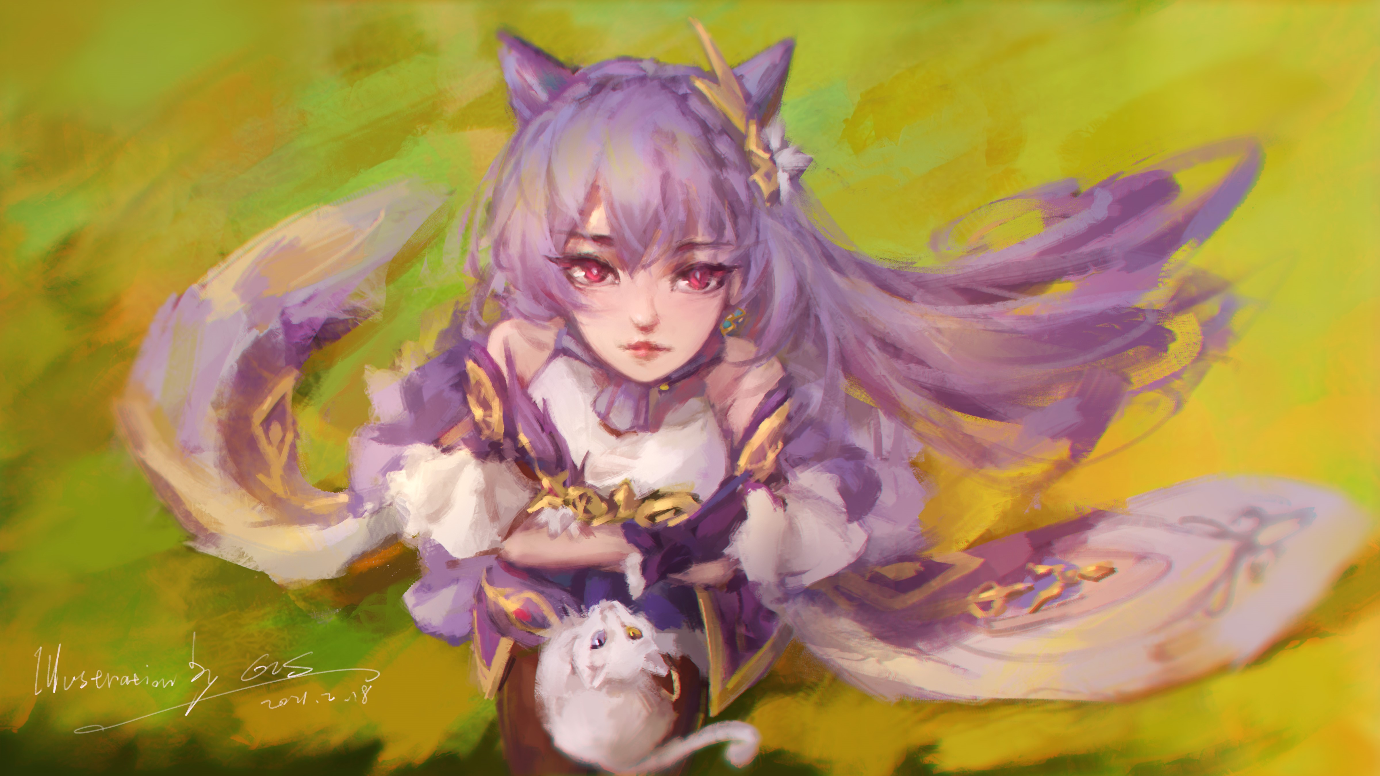 Keqing from Genshin Impact with a cat HD Wallpaper