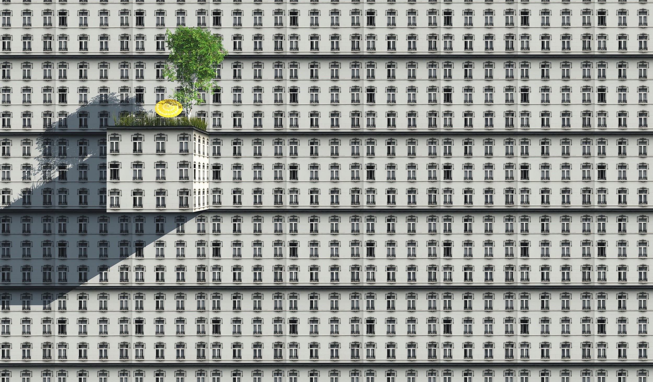 A surreal building with a tree and a golden object HD Wallpaper