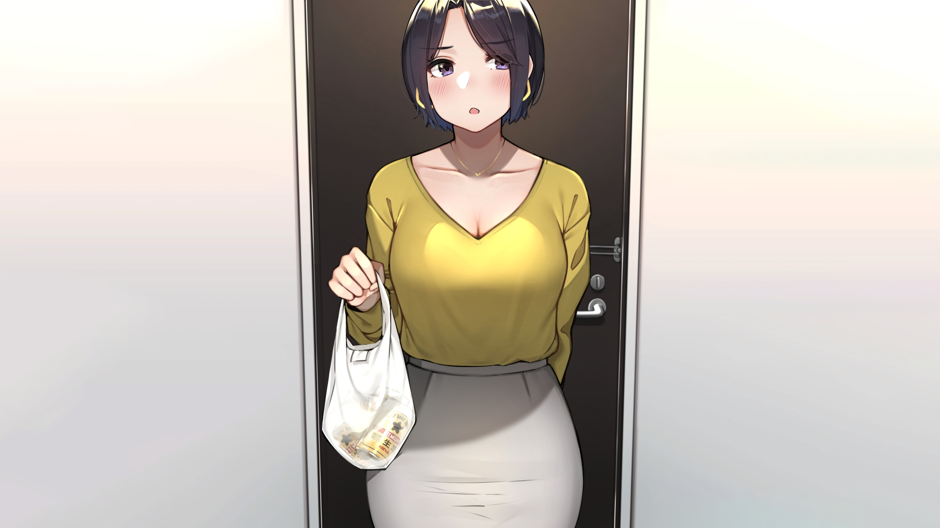 Anime girl with short hair holding a bag of beer HD Wallpaper