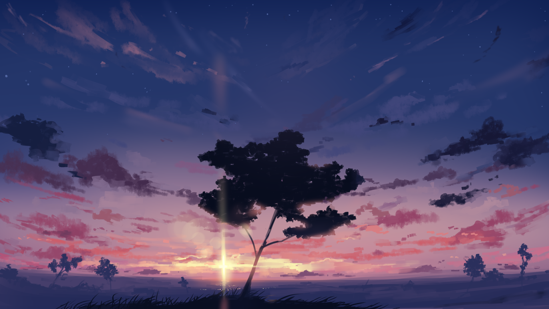 Sunset landscape with silhouetted trees and clouds HD Wallpaper