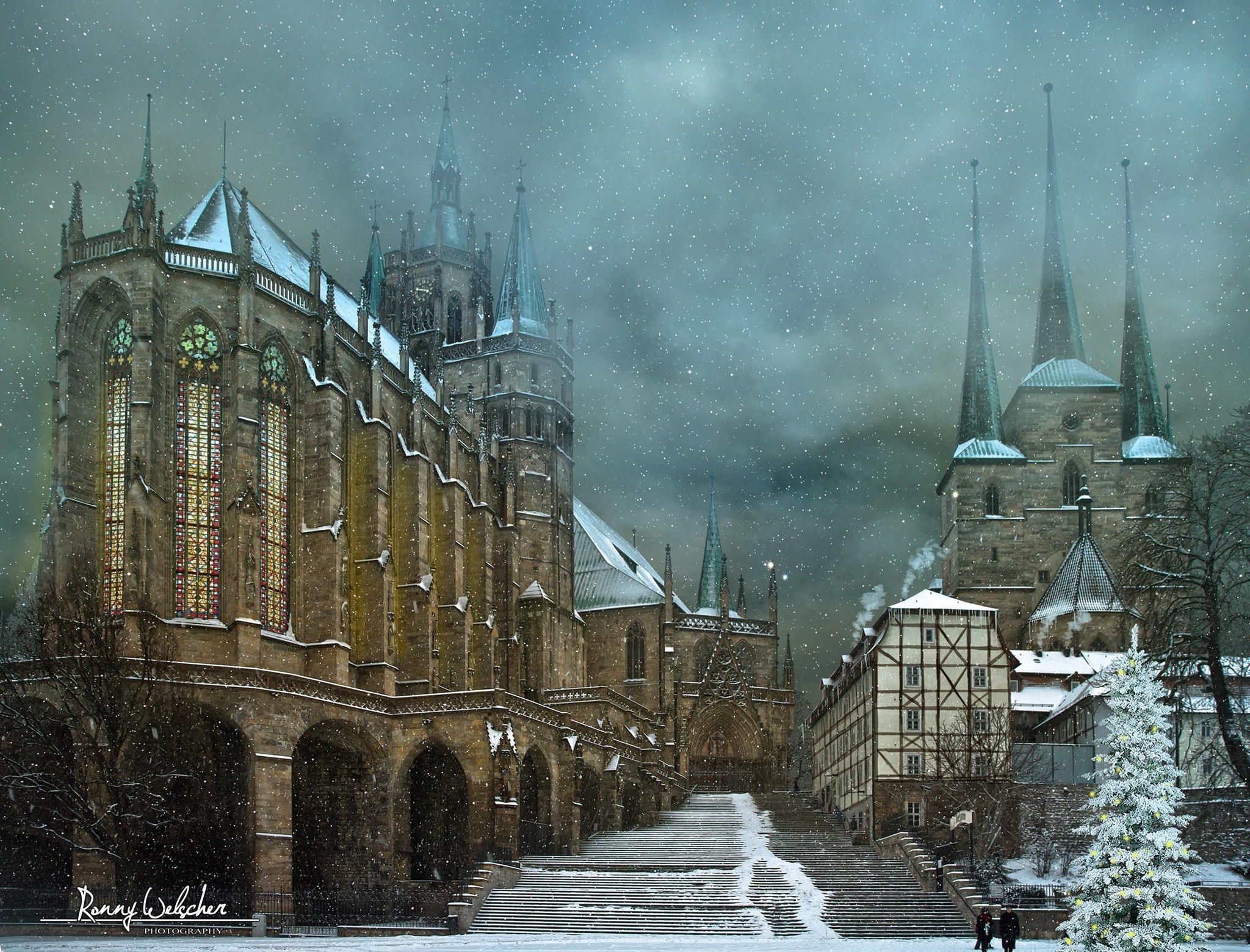 Snowy Cathedral and Town Square with Christmas Tree HD Wallpaper
