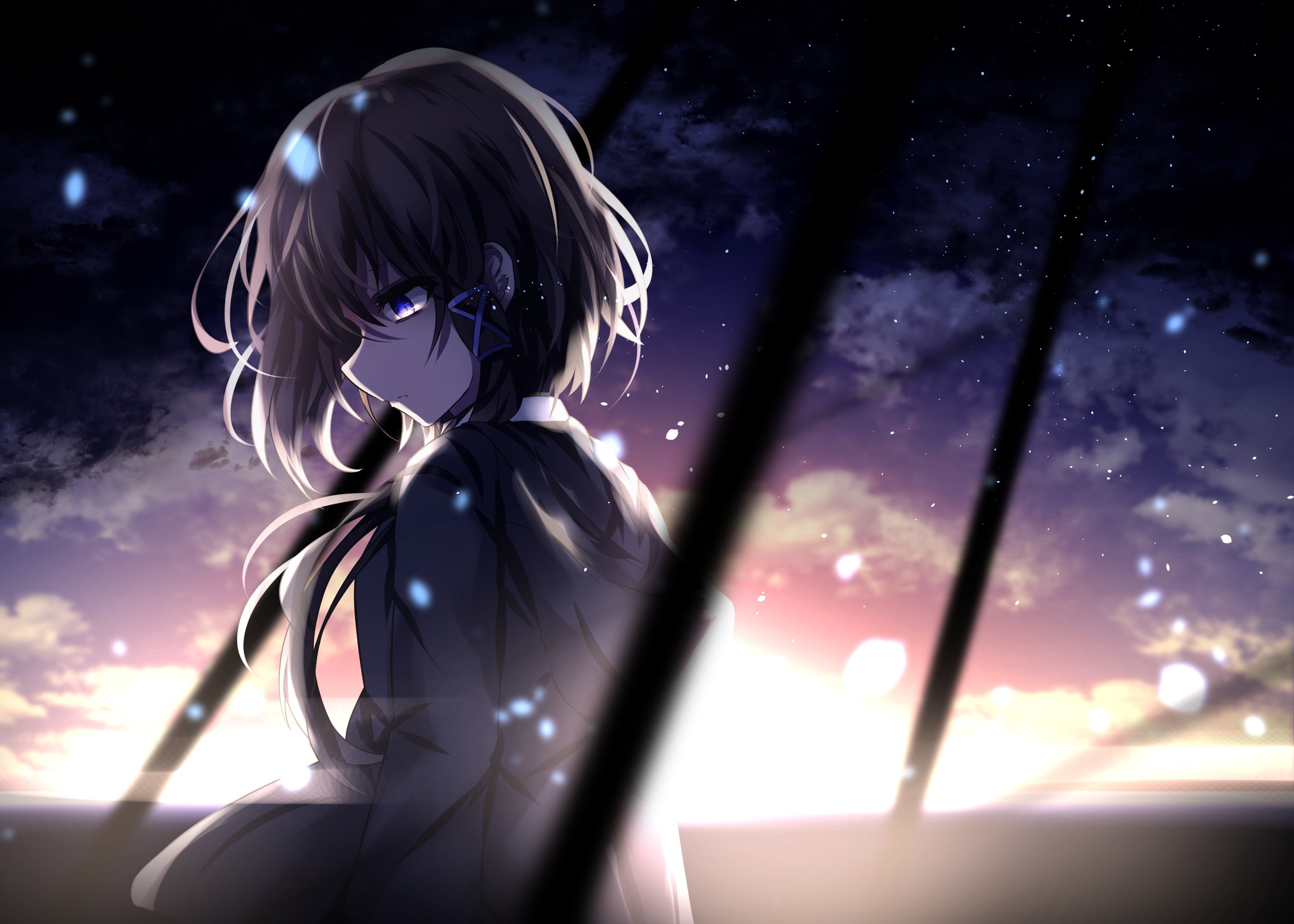 Anime girl with short brown hair and blue eyes HD Wallpaper