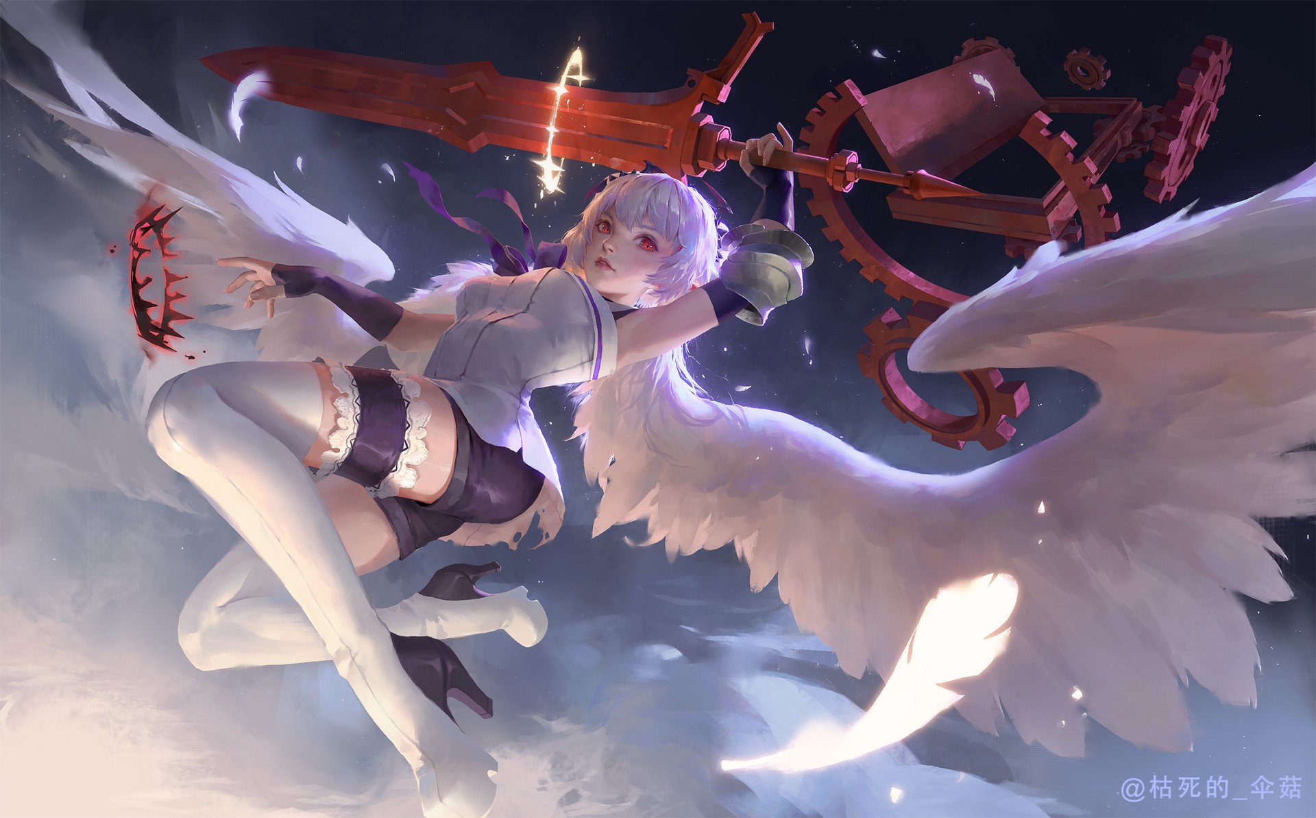 Anime girl with wings and sword in fantasy art HD Wallpaper