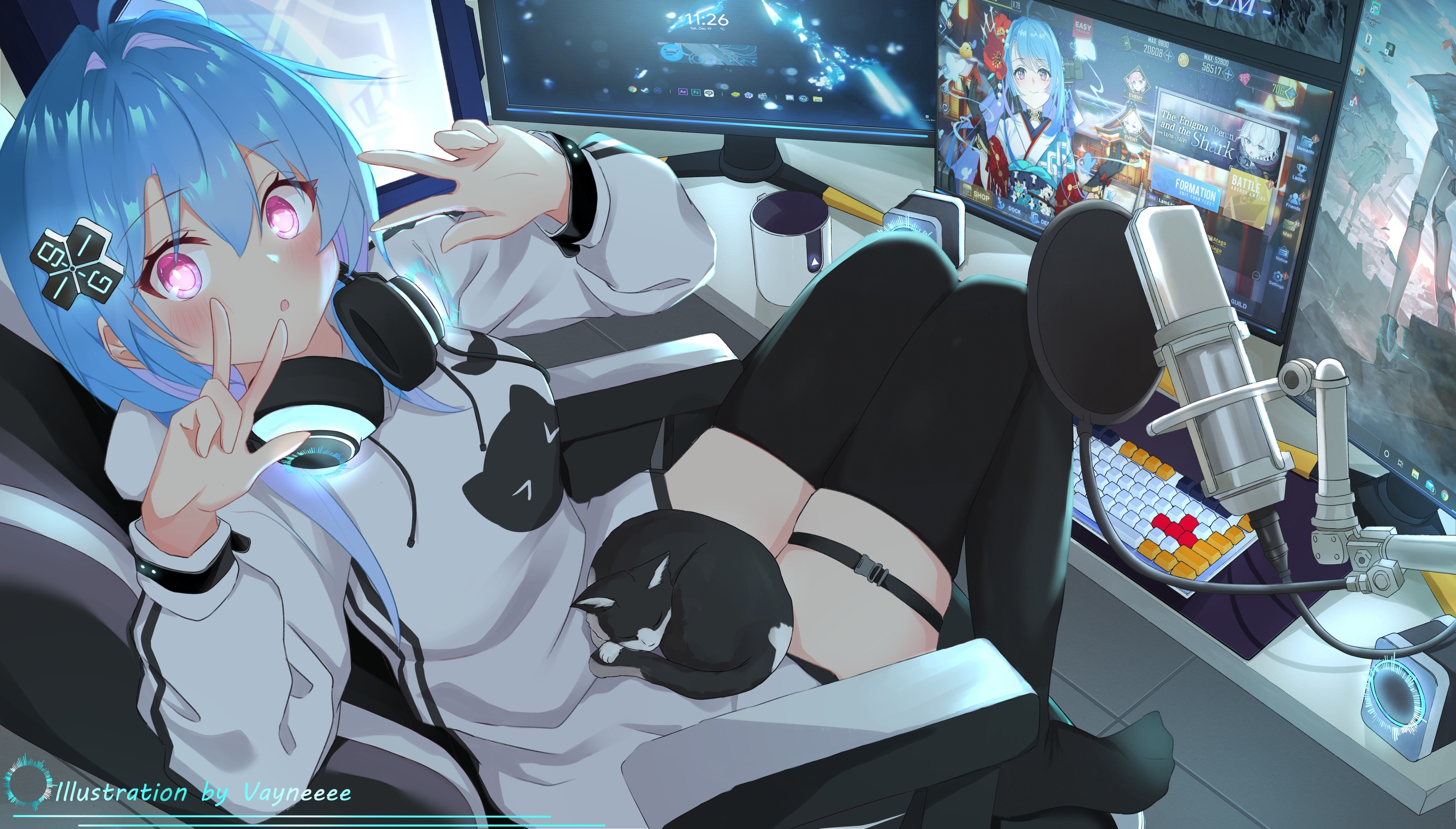 Helena from Azur Lane with cat and headphones HD Wallpaper