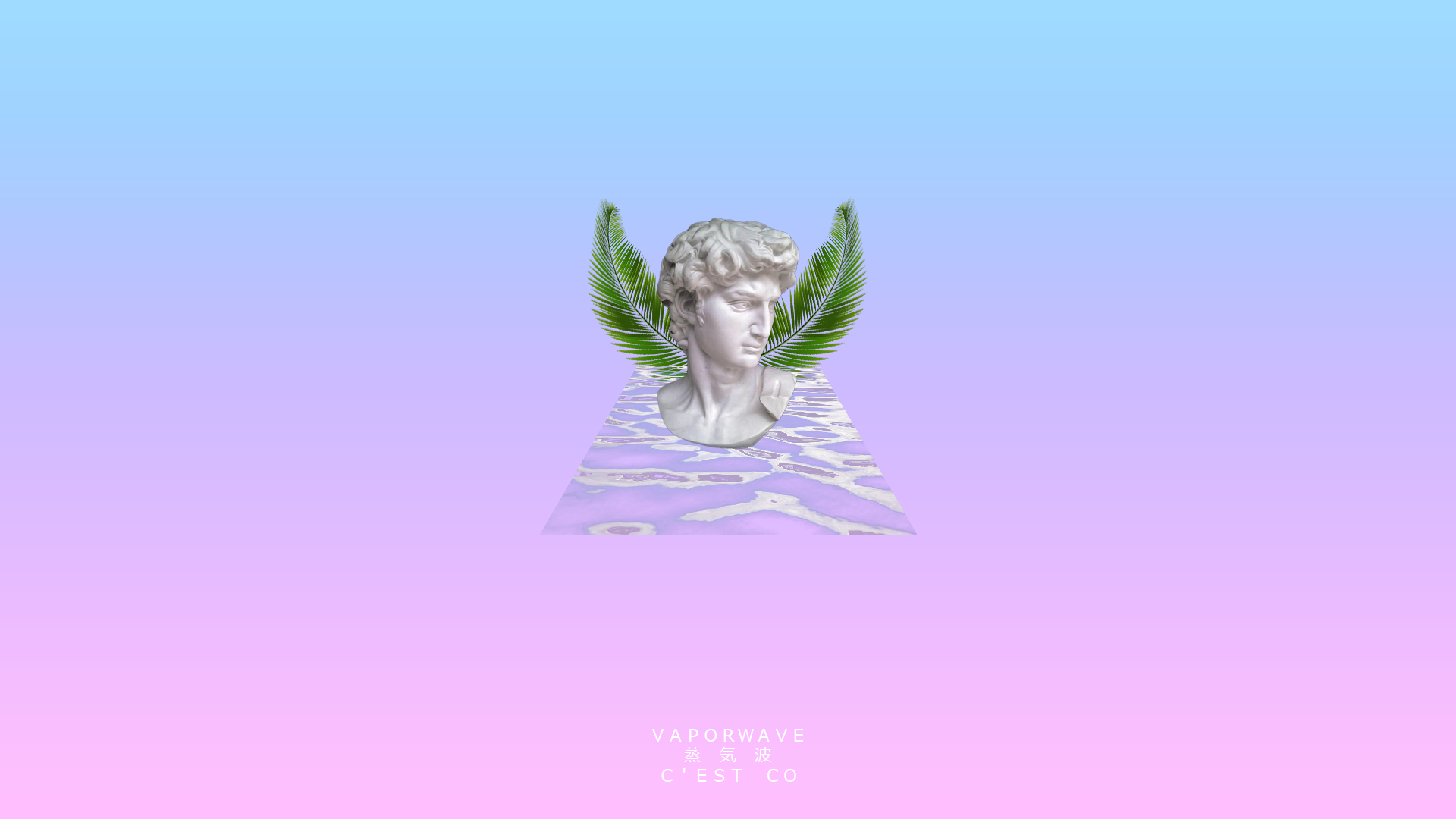 Statue of David with palm leaves and vaporwave gradient HD Wallpaper