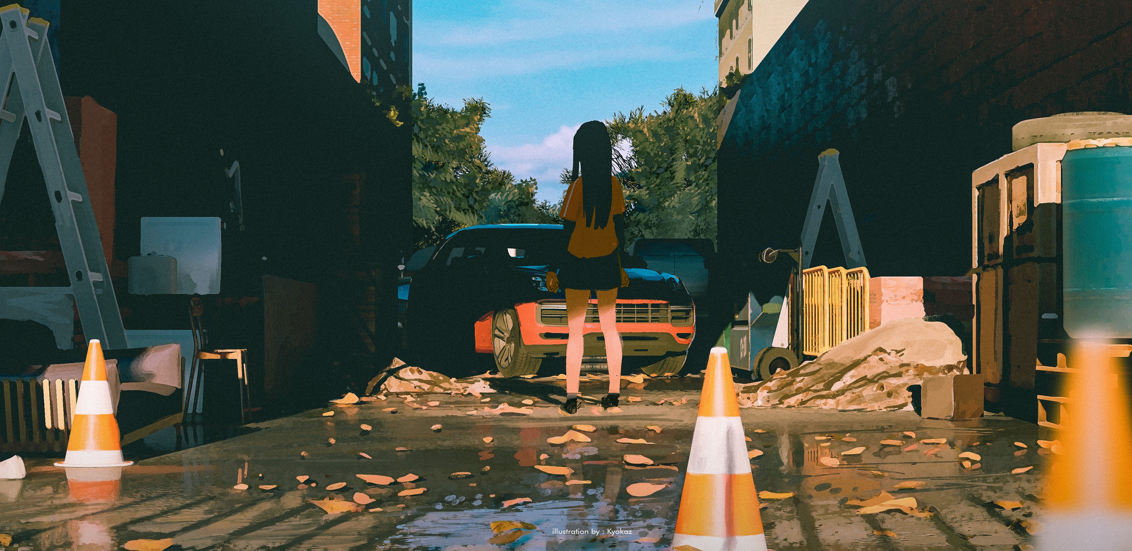 Anime girl standing in front of a car in an alley HD Wallpaper