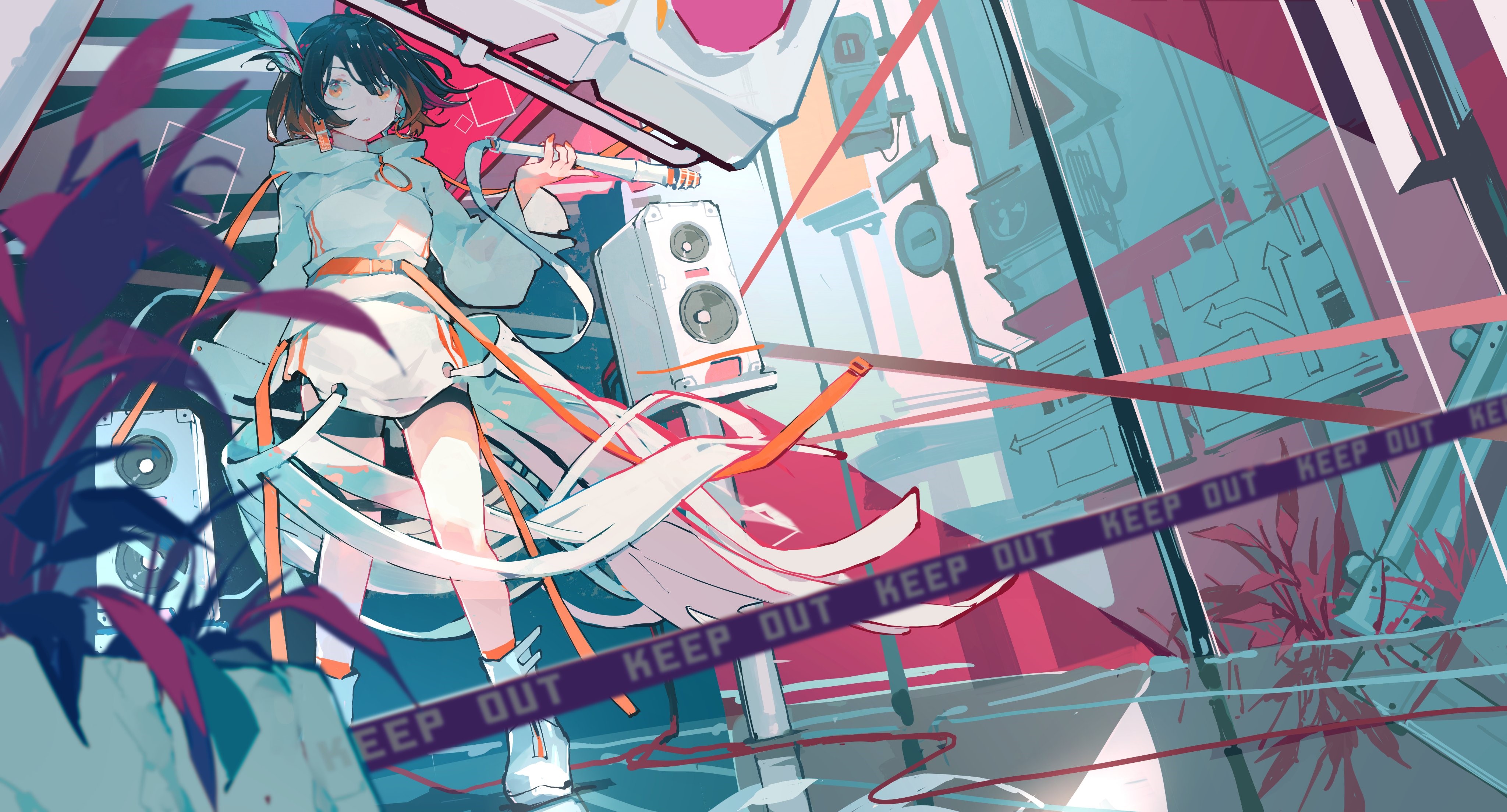 Anime girl with speakers and ribbons HD Wallpaper
