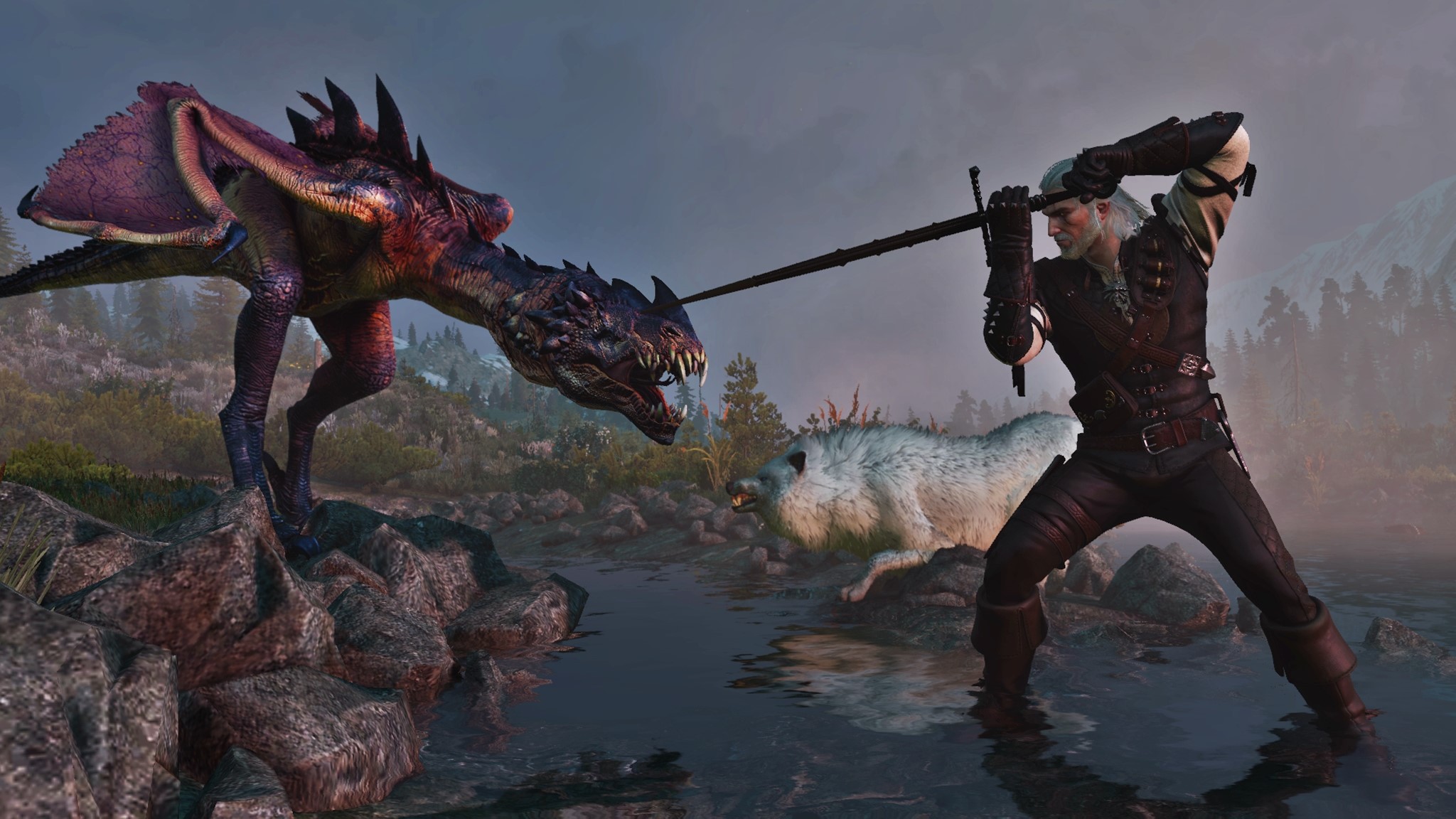 Geralt of Rivia fighting a dragon and a wolf HD Wallpaper