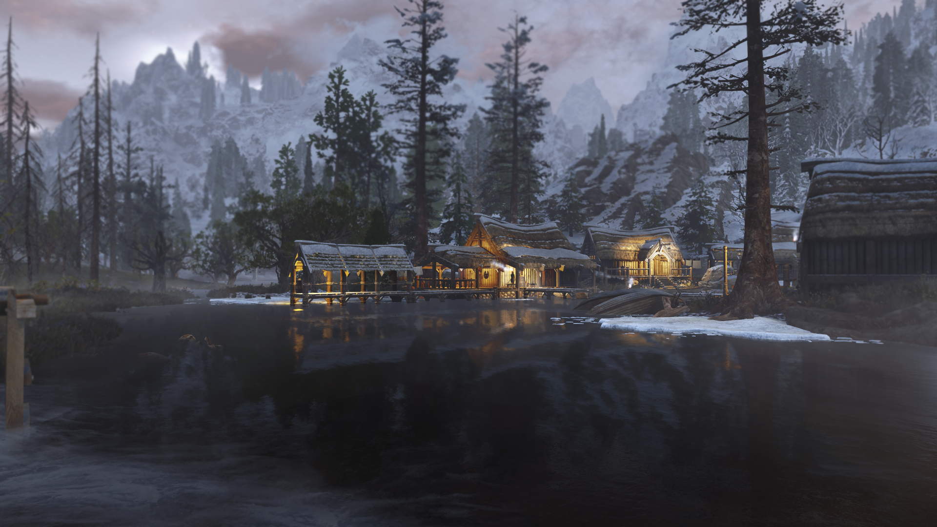 The Elder Scrolls V: Skyrim village on a lake HD Wallpaper