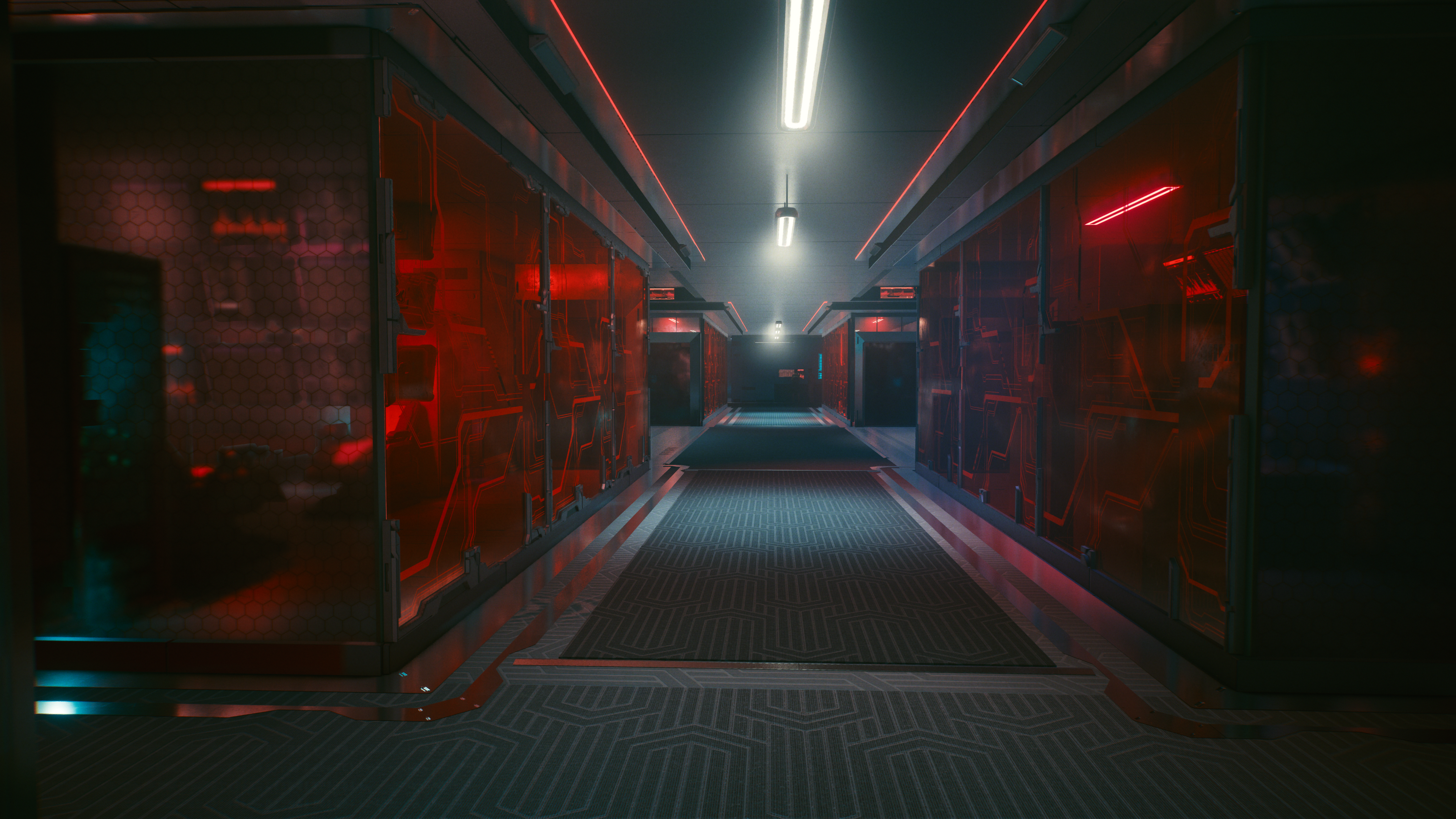 Cyberpunk 2077 hallway with red lighting HD Wallpaper