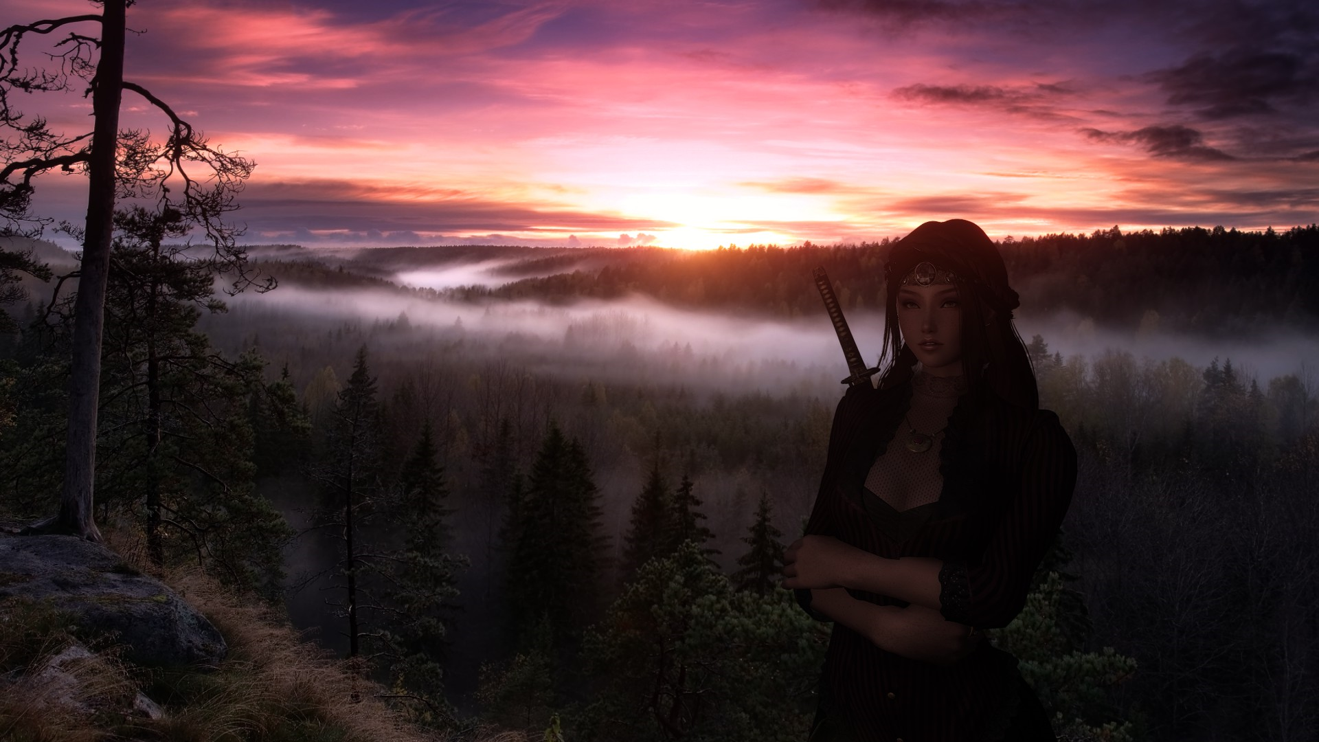 Woman with sword at sunset over foggy forest HD Wallpaper