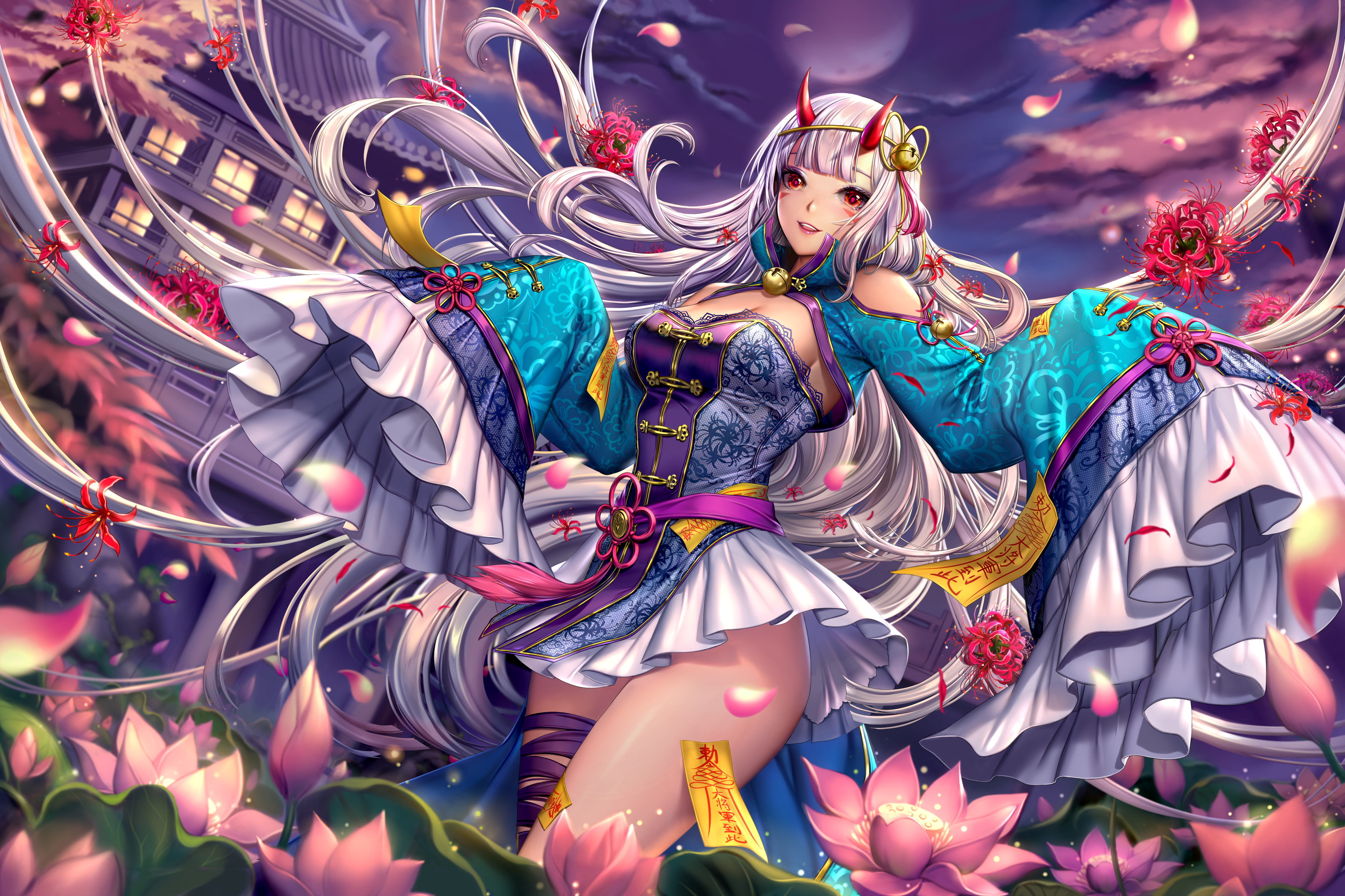Anime girl with grey hair, horns, and red eyes HD Wallpaper