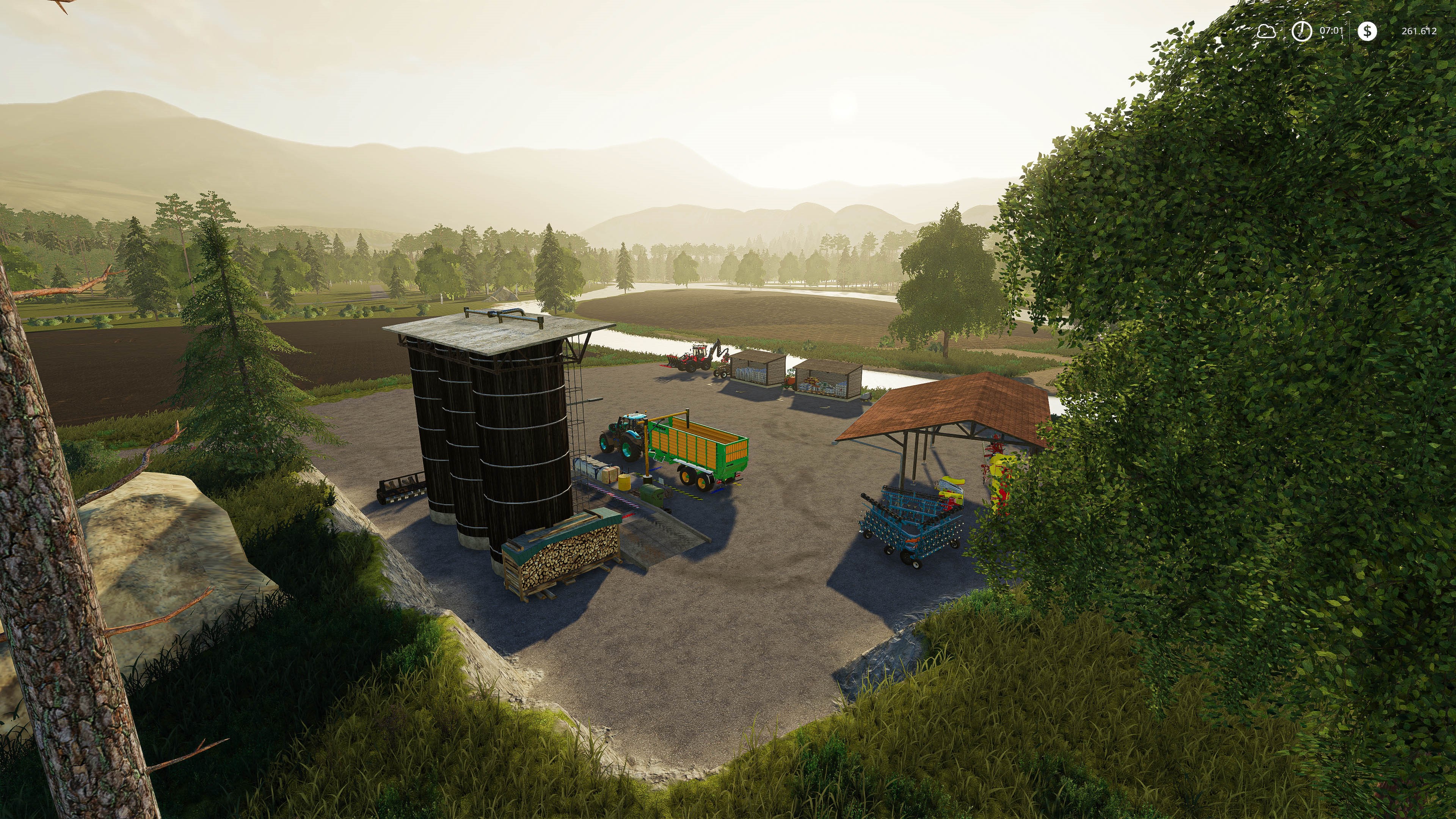 Farming Simulator 19 farm with silos and tractor HD Wallpaper