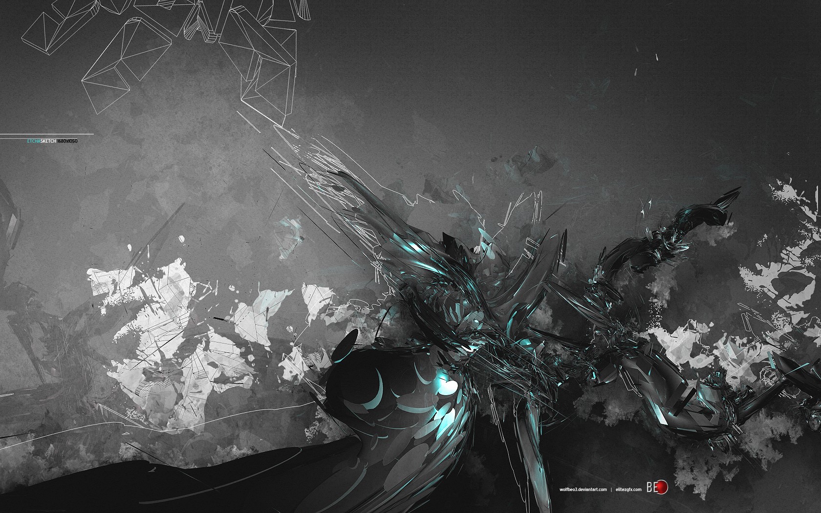 Abstract 3D forms with cyan highlights on gray background HD Wallpaper