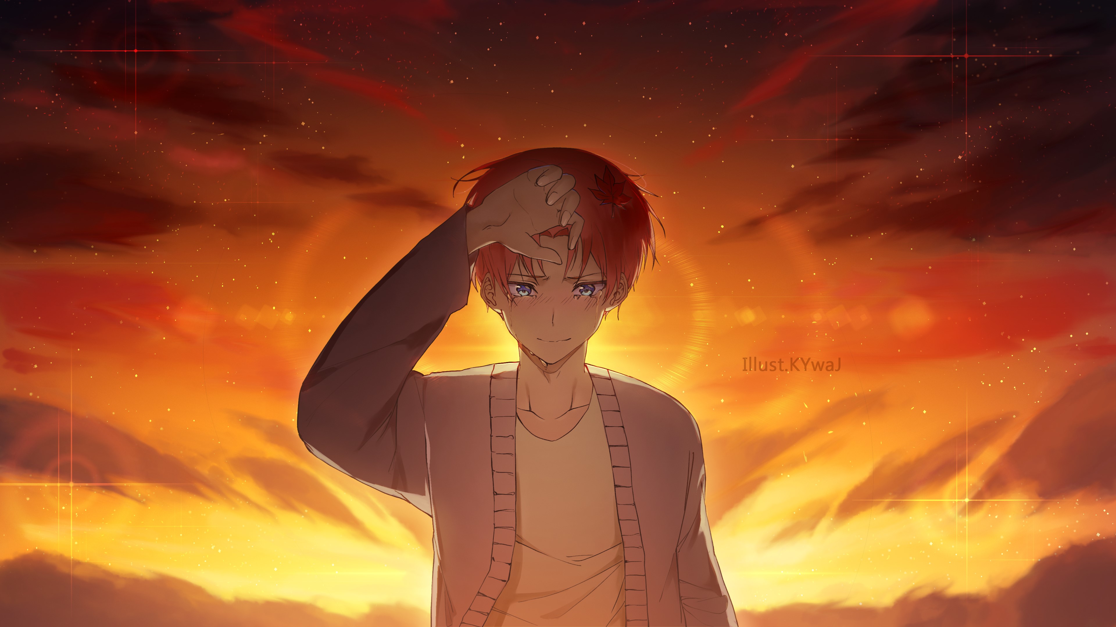 Anime boy with red hair and blue eyes at sunset HD Wallpaper