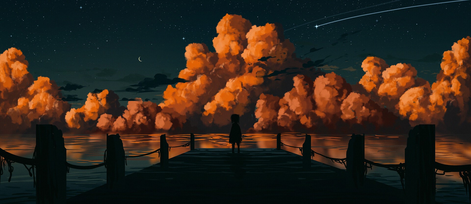 Silhouette of a person on a pier under a starry sky with orange clouds HD Wallpaper