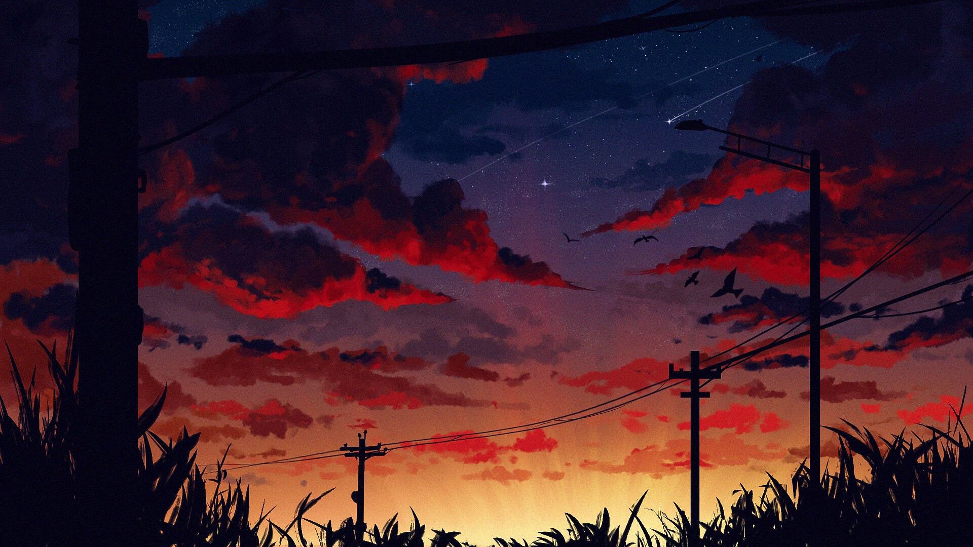 Digital art of a sunset with clouds and stars HD Wallpaper