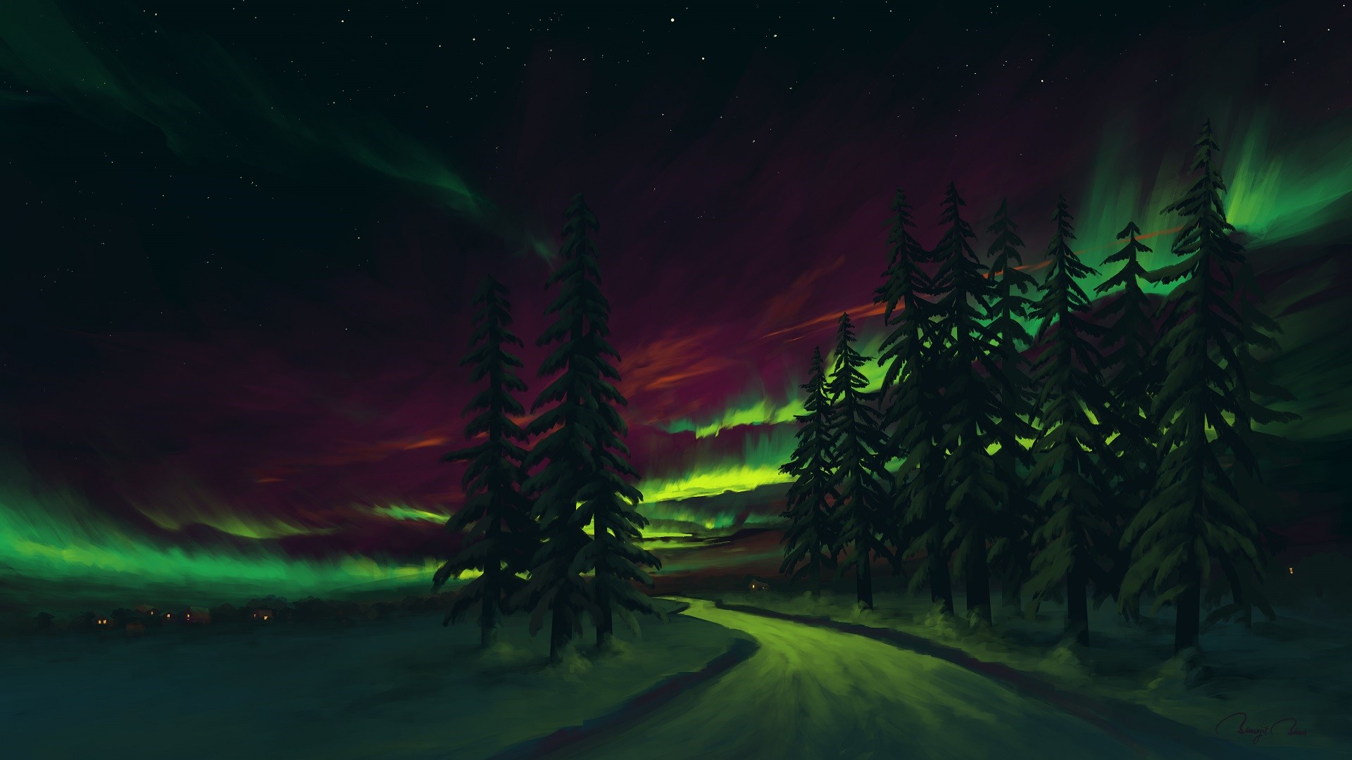 Aurora Borealis over a snowy landscape with pine trees HD Wallpaper