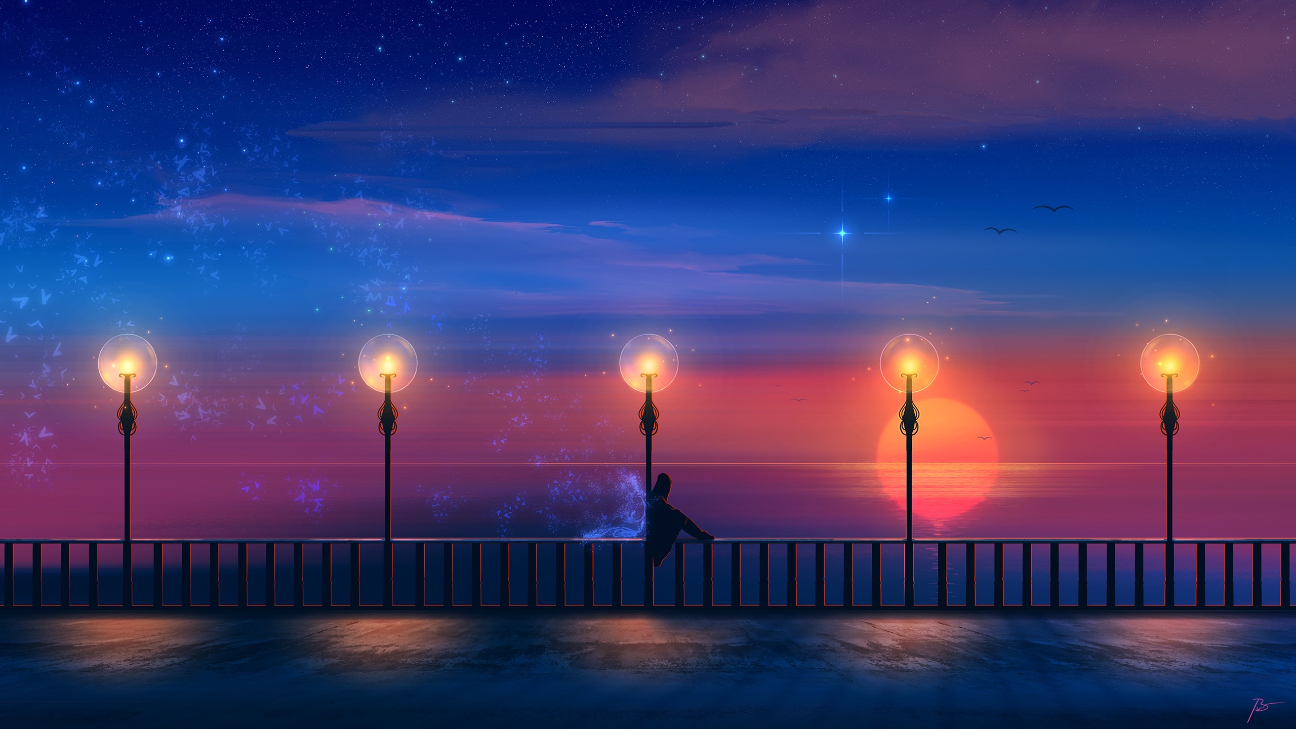 Fantasy art of a person sitting on a railing at sunset HD Wallpaper